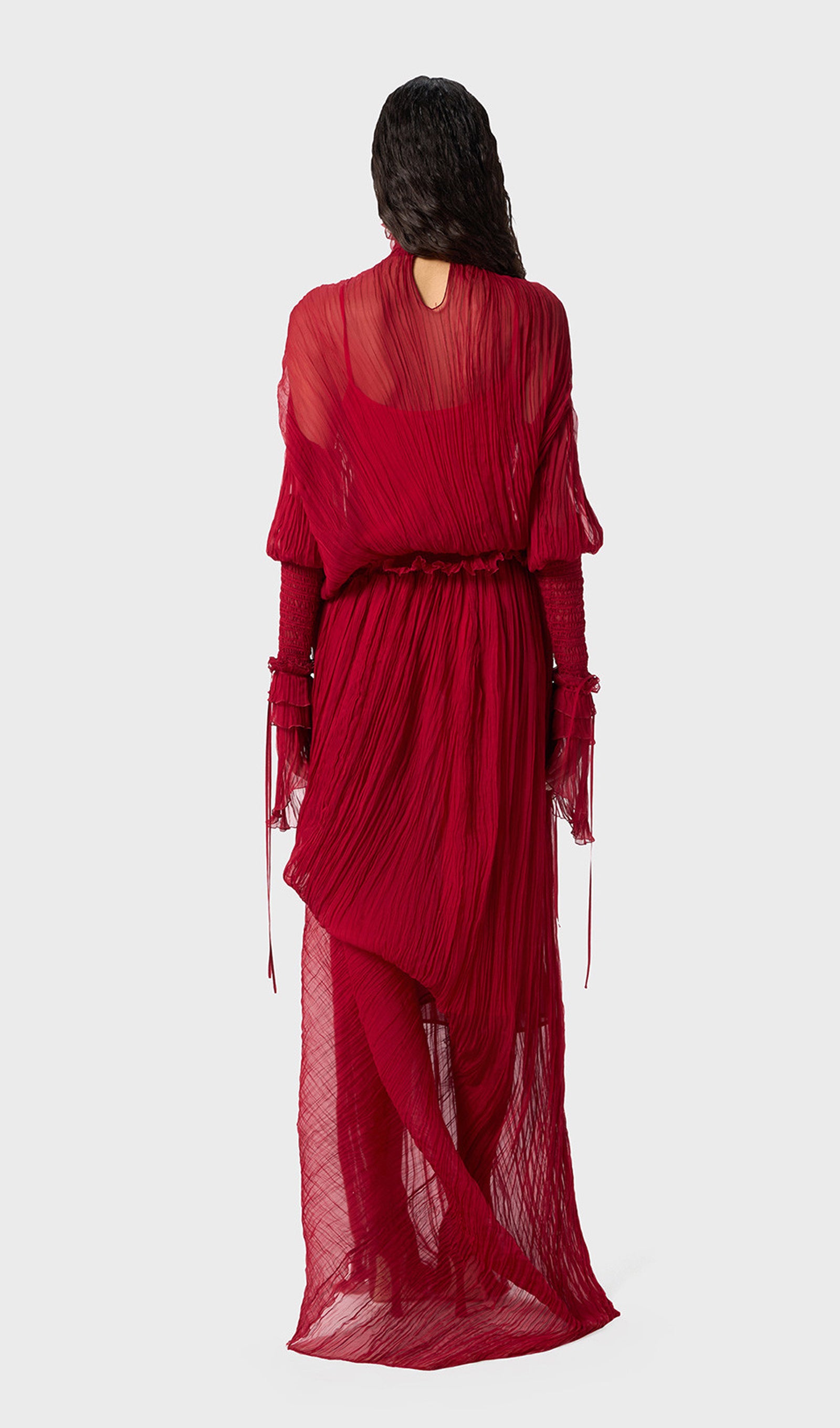 Pleated Silk-Chiffon Slit Maxi Dress In Red