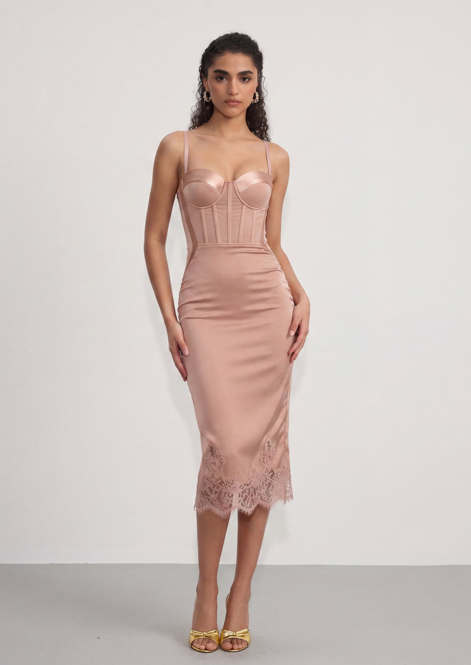 Tahlia Corset Fitted Midi Dress In Nude