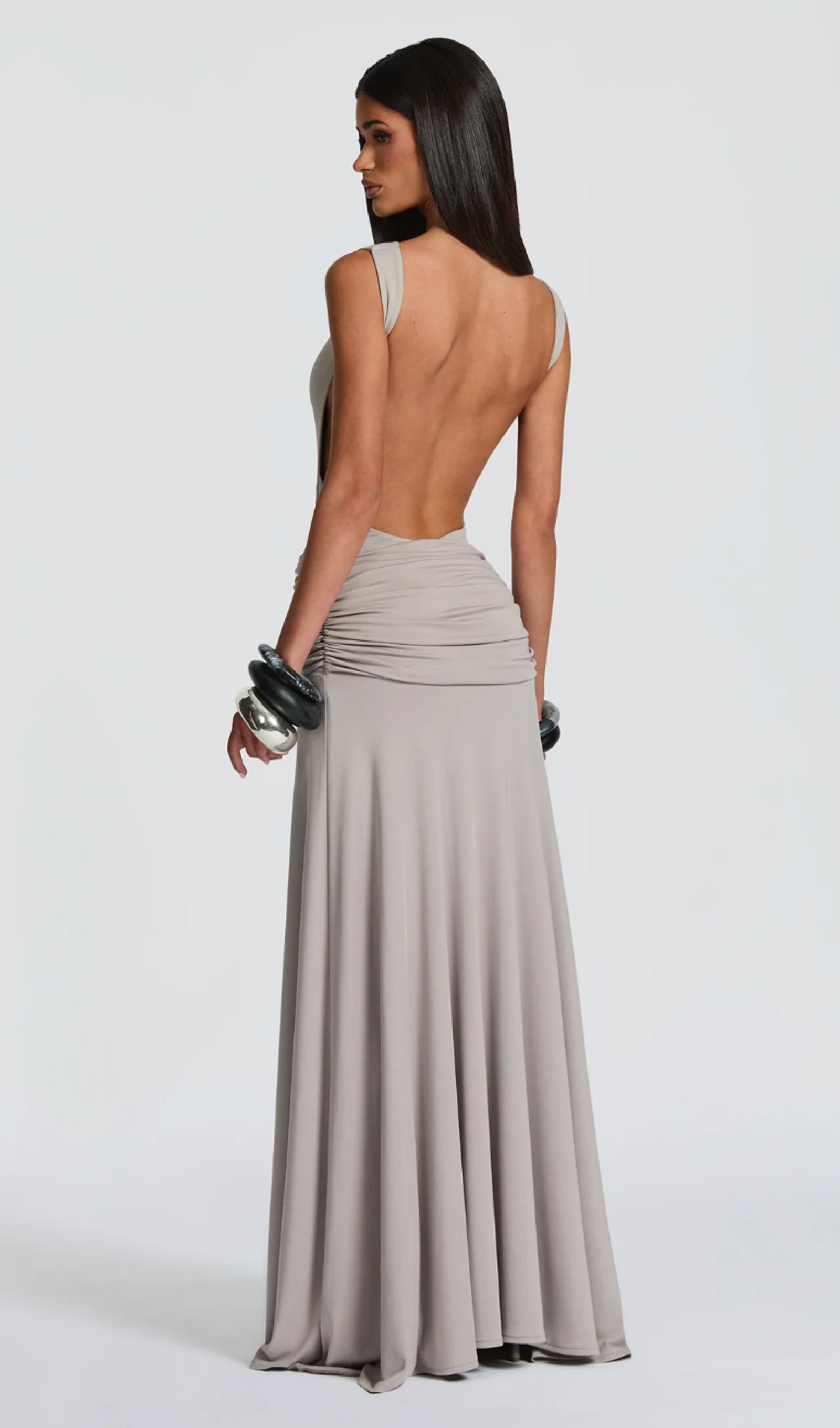 Open Back Bodysuit & Maxi Skirt Set In Grey