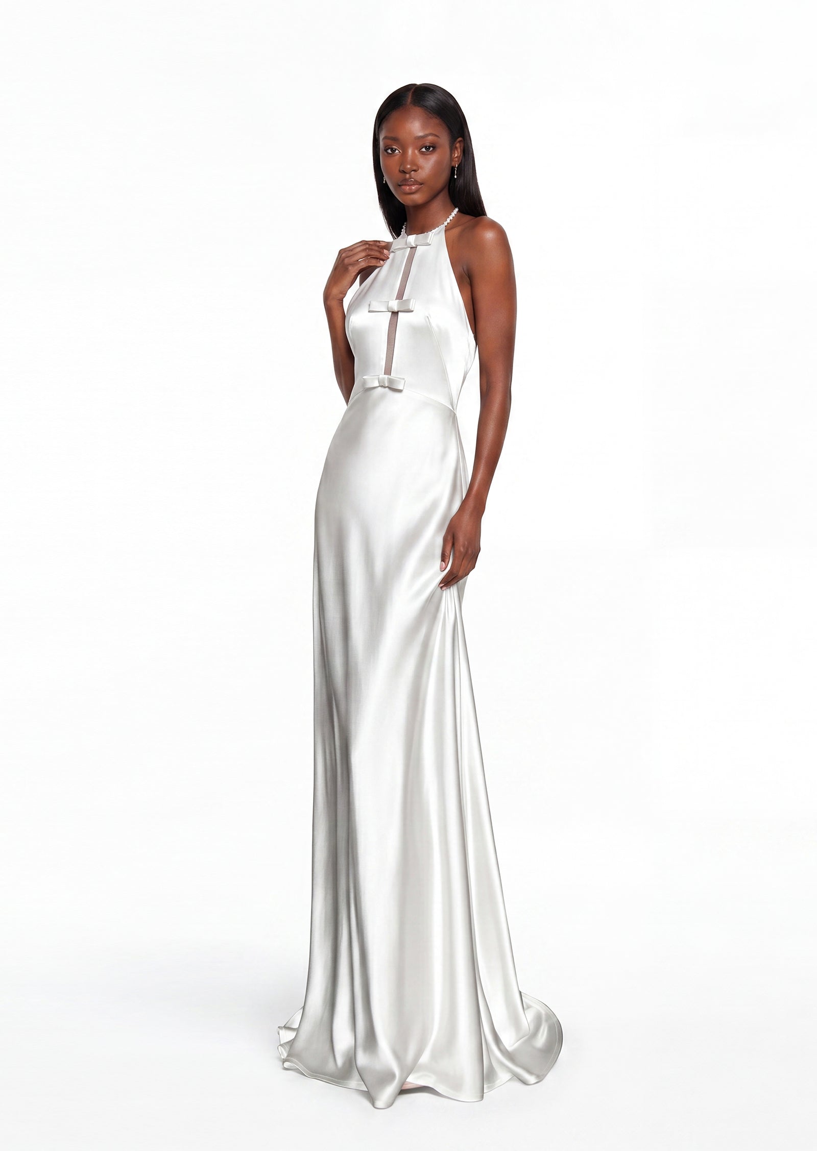 Pallavi Halterneck Satin Maxi Dress In White