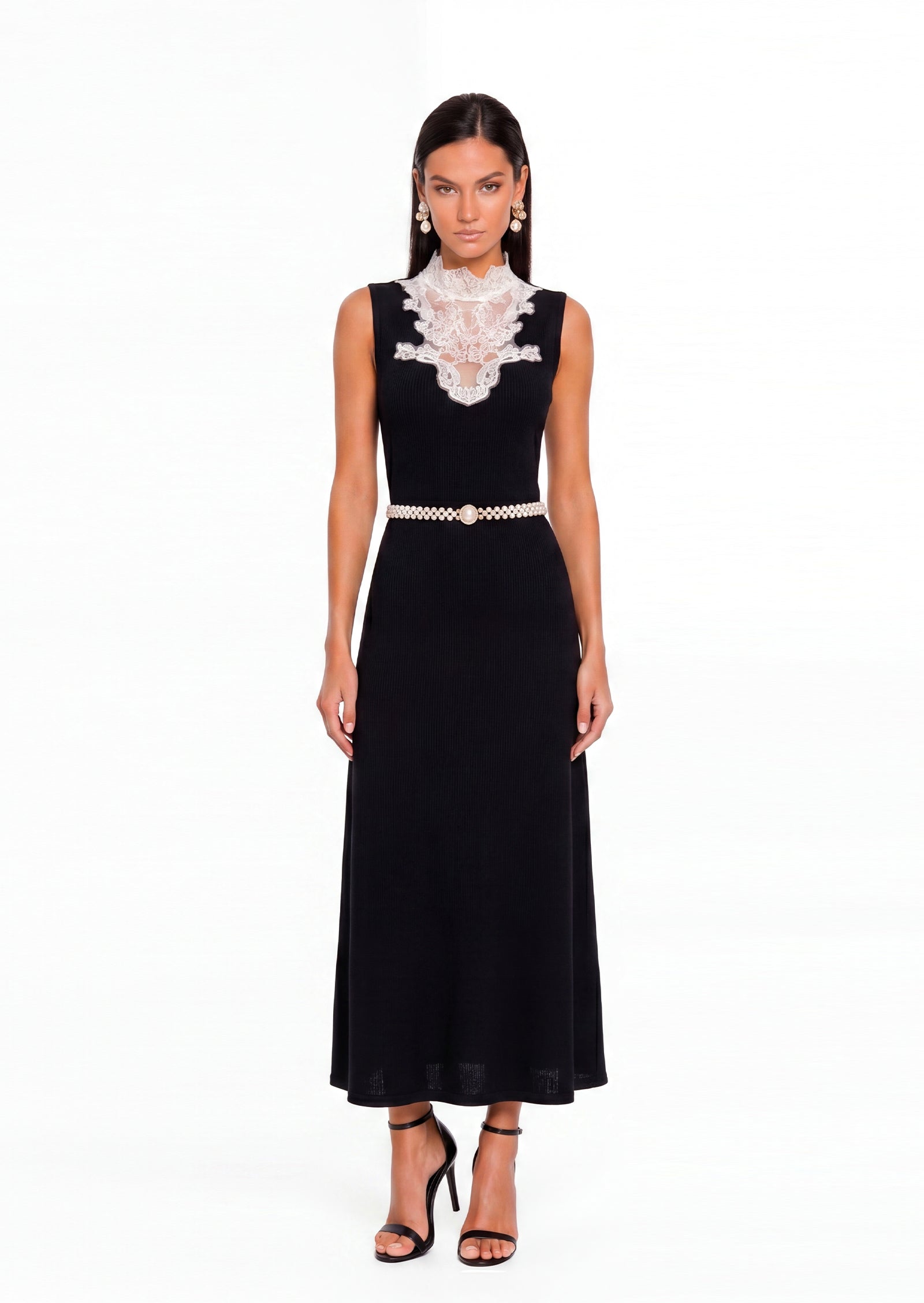 Macayle A Line Midi Dress In Black With Lace