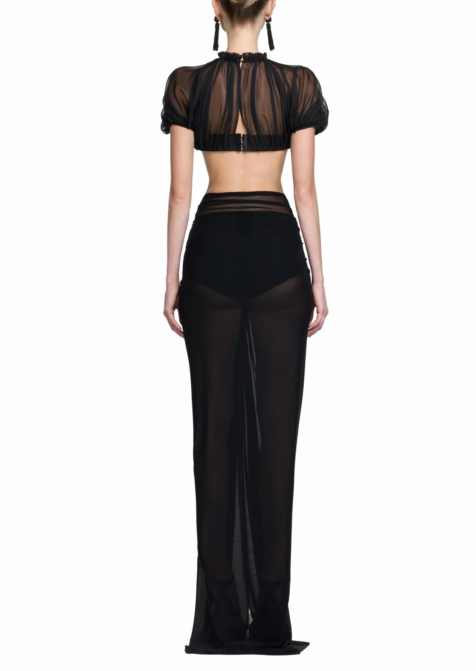 Qadir Sheer Top & Stretch Mesh Skirt Set In Black