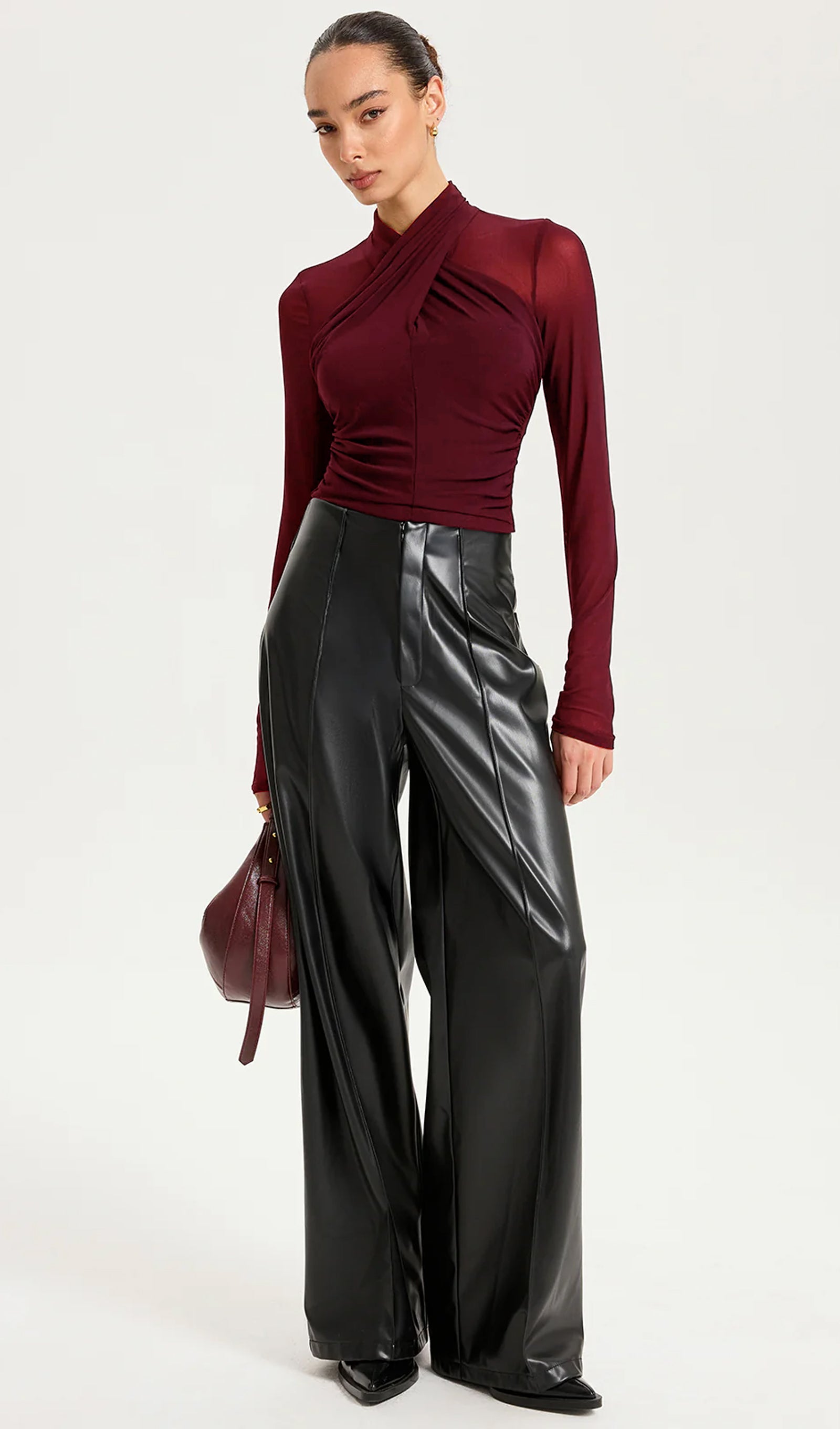 Cross-Front Sheer Mesh Long-Sleeve Top Claret