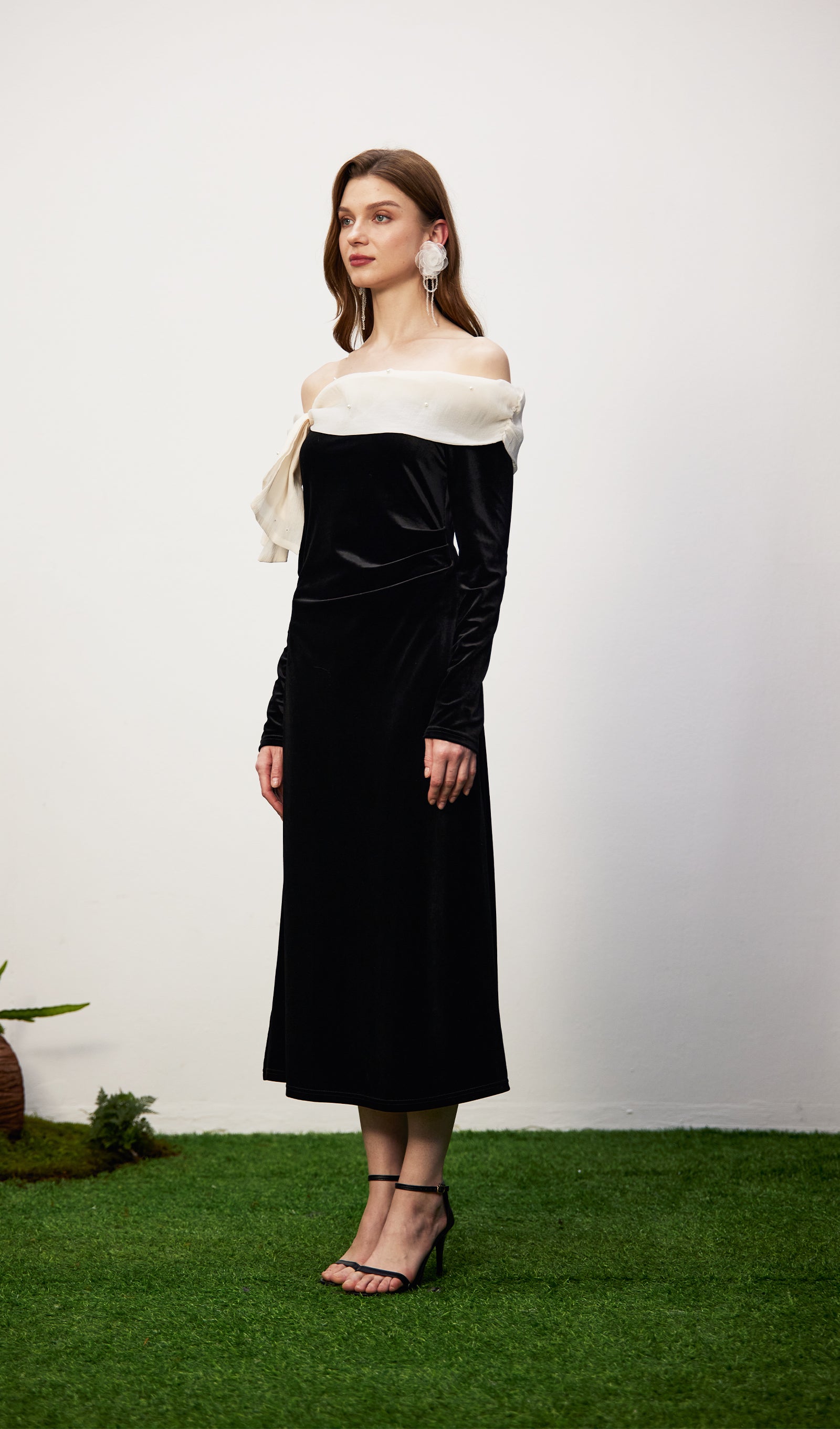 Off Shoulder Pearl Lace Up Maxi Dress