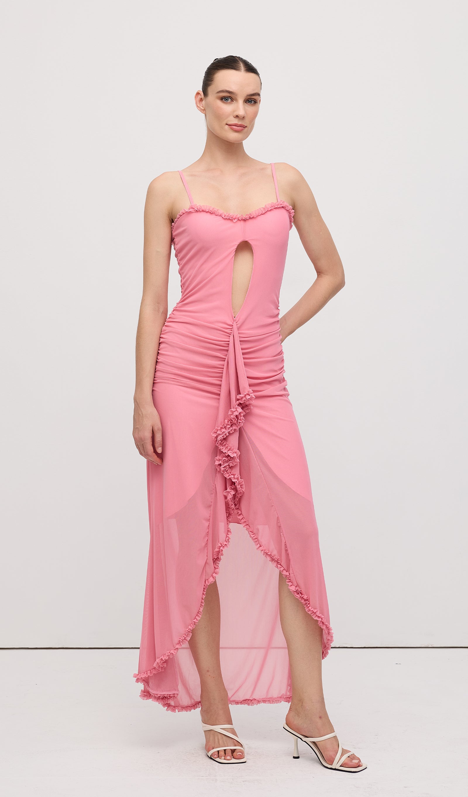 فستان ماكسي بكشكشة أمامية - وردي 