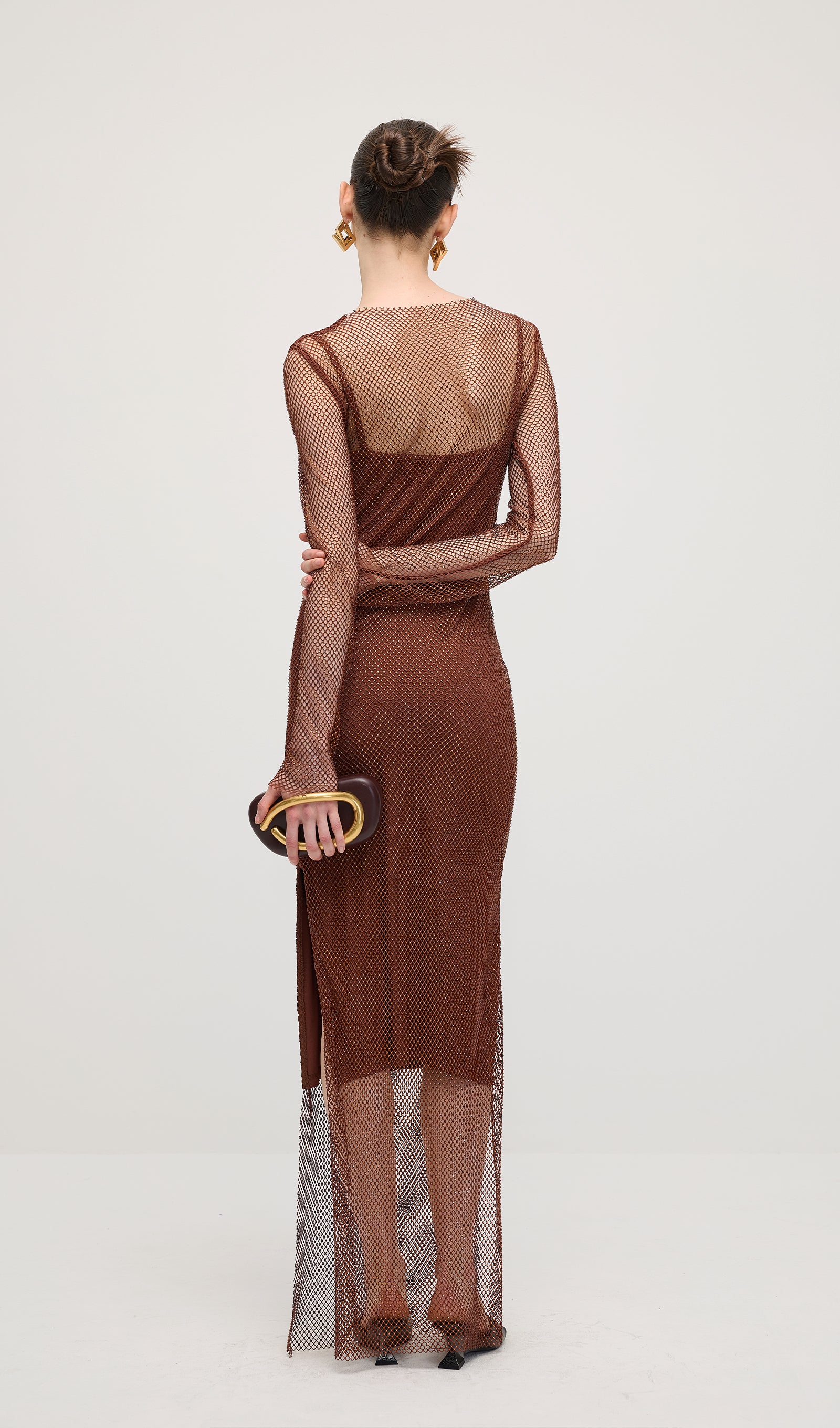 Mesh With Monochrome Lining  Maxi Dress In Coffee
