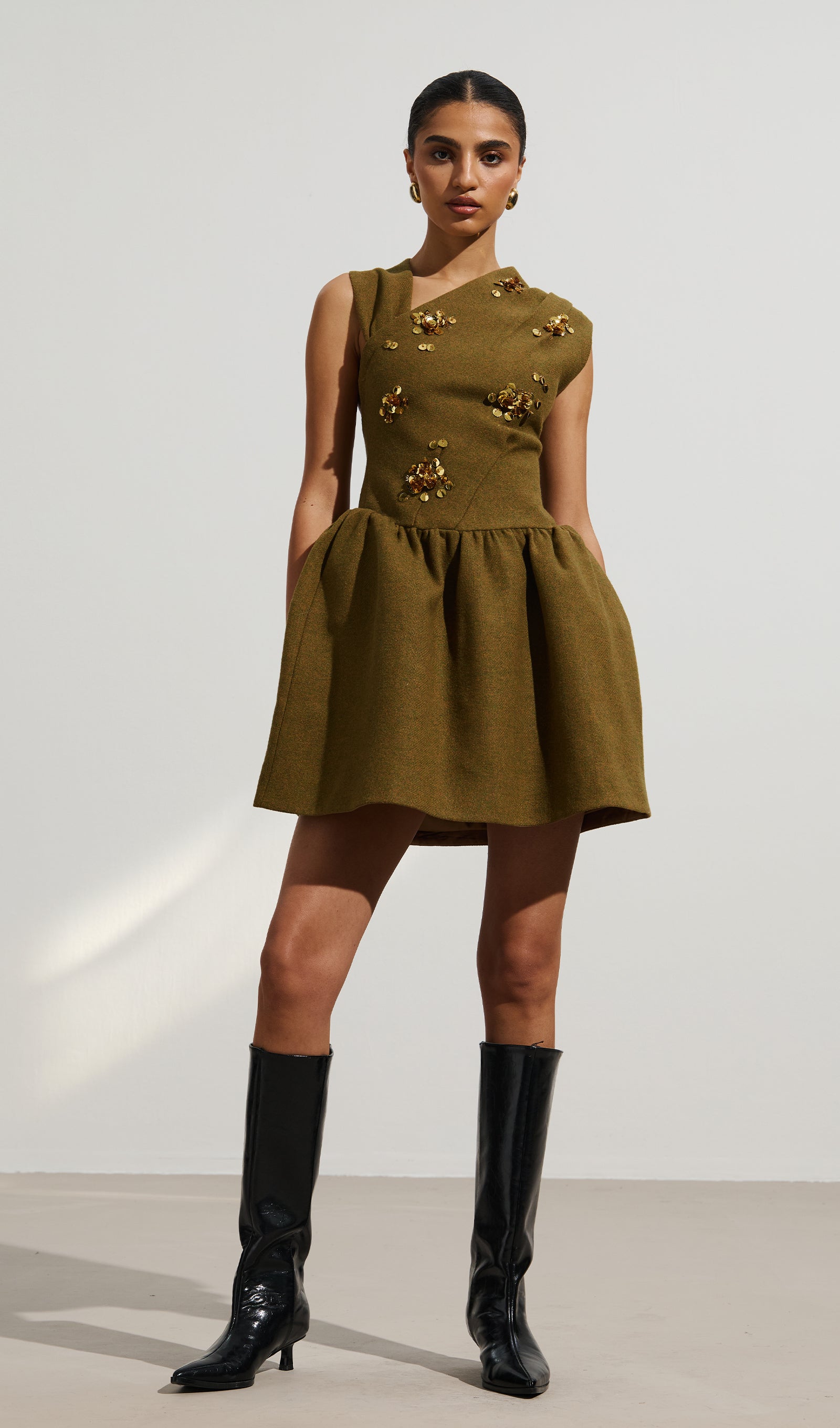 Asymmetrical Neck Embellished Mini Dress