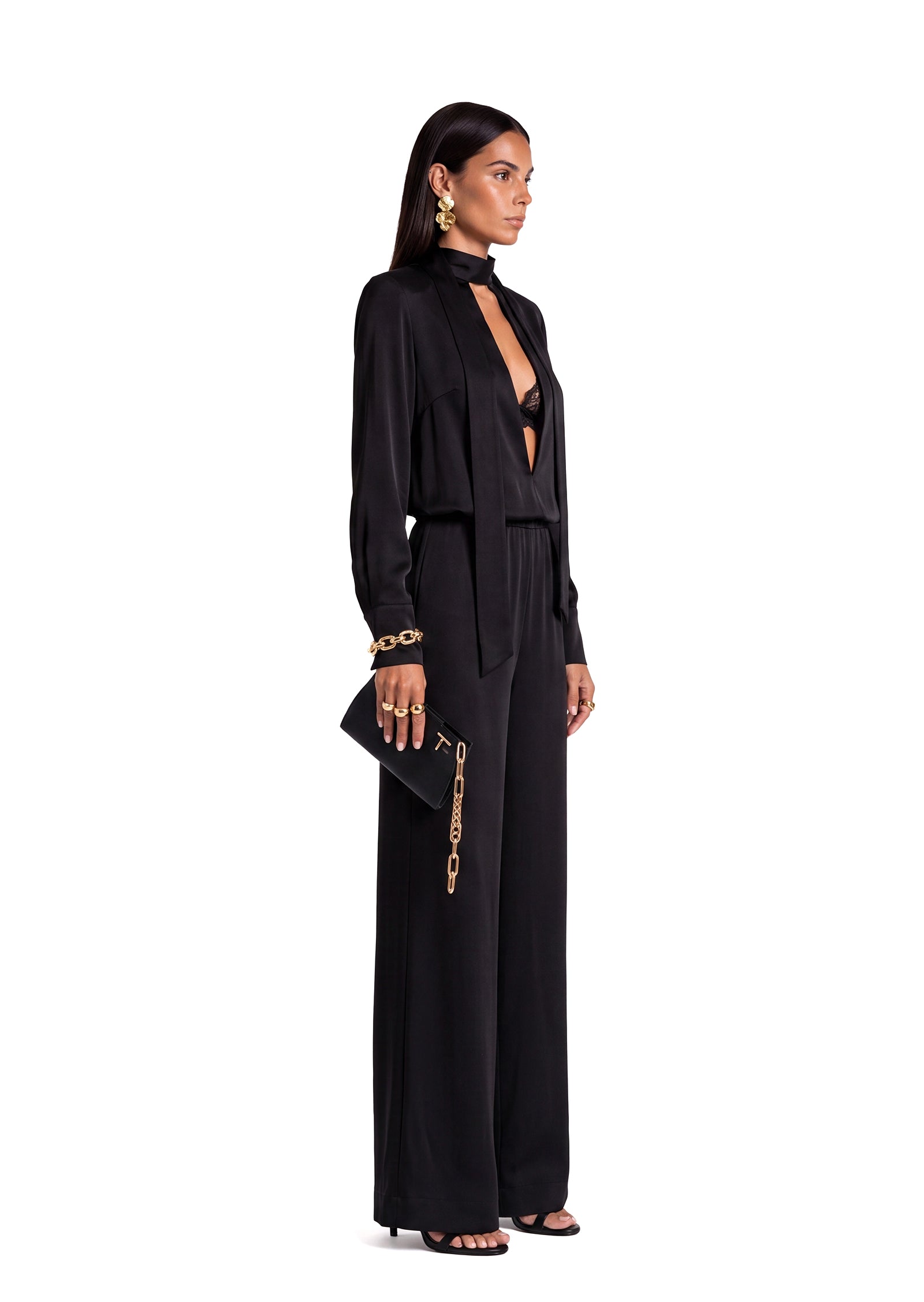 Stand Up Collar Shirt And Wide Leg Pants Suit