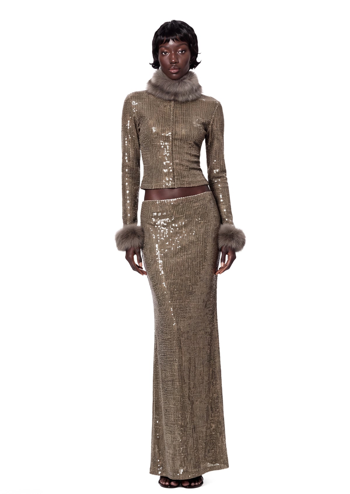Yapany Feather Sequin Top & Mermaid Skirt Set