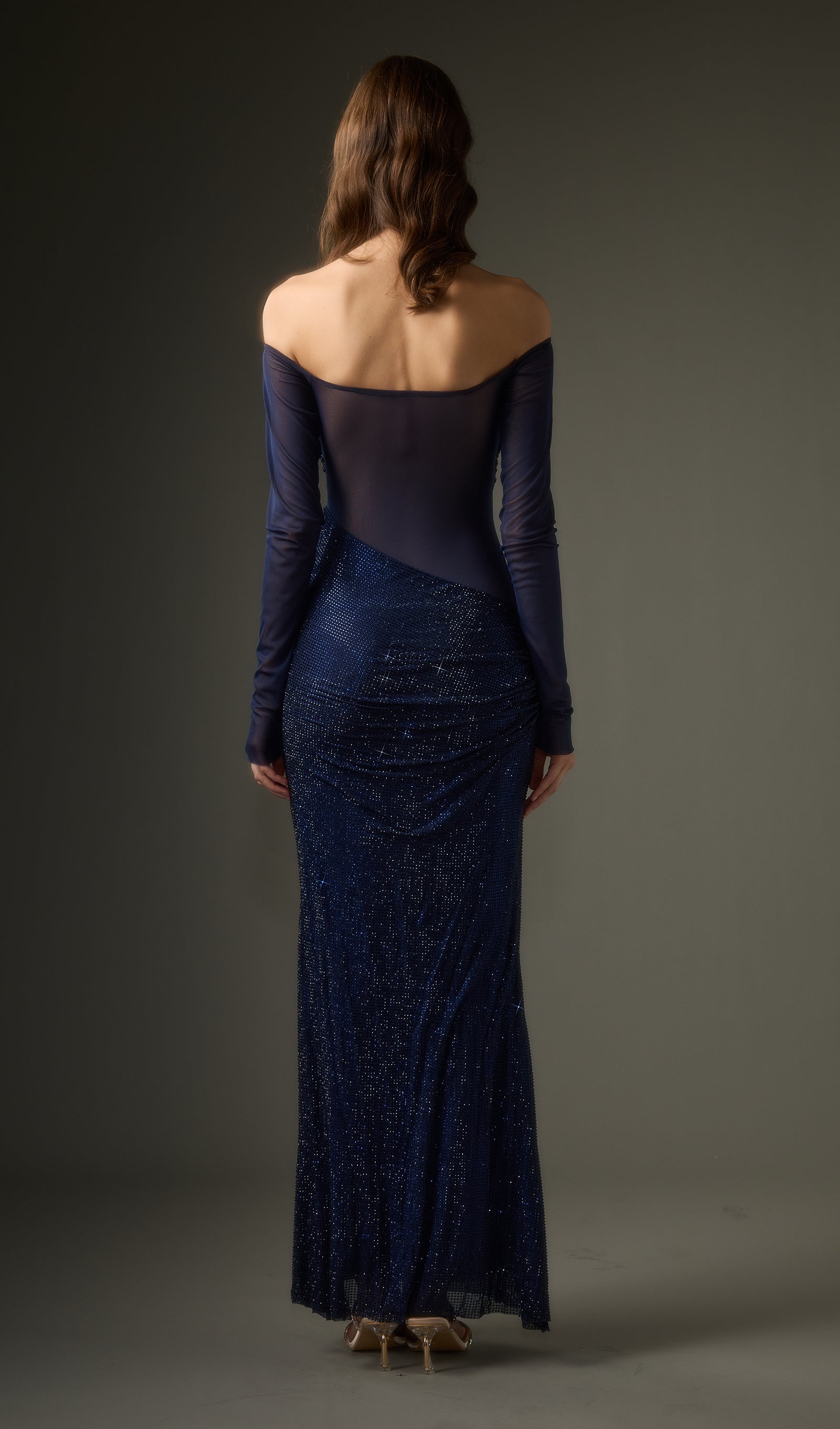 Diamante Off Shoulder Maxi Dress In Navy