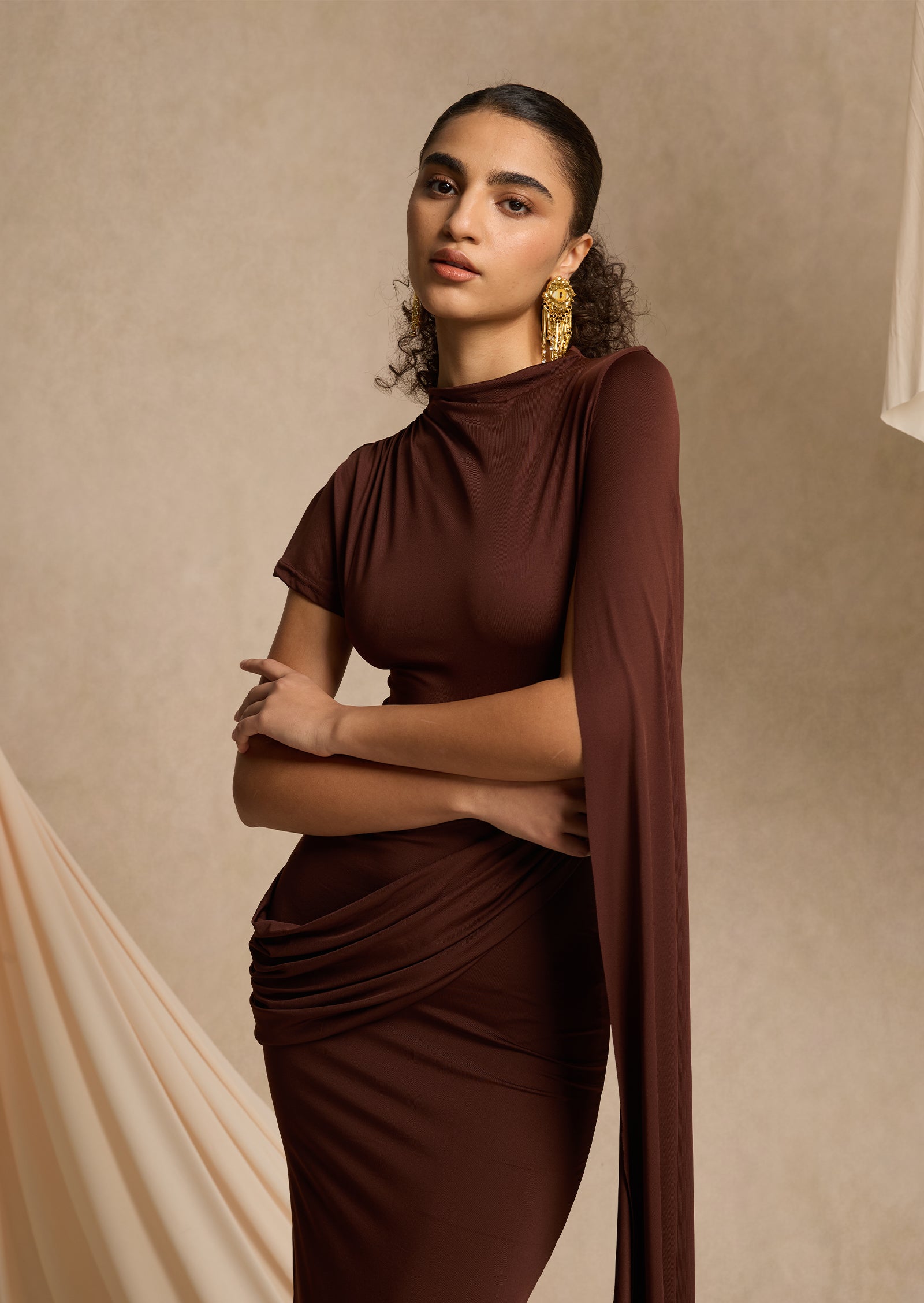 High Neck Maxi With Long Cape Sleeve