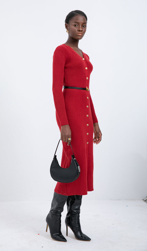 Trendy Red Knitted Midi Dress