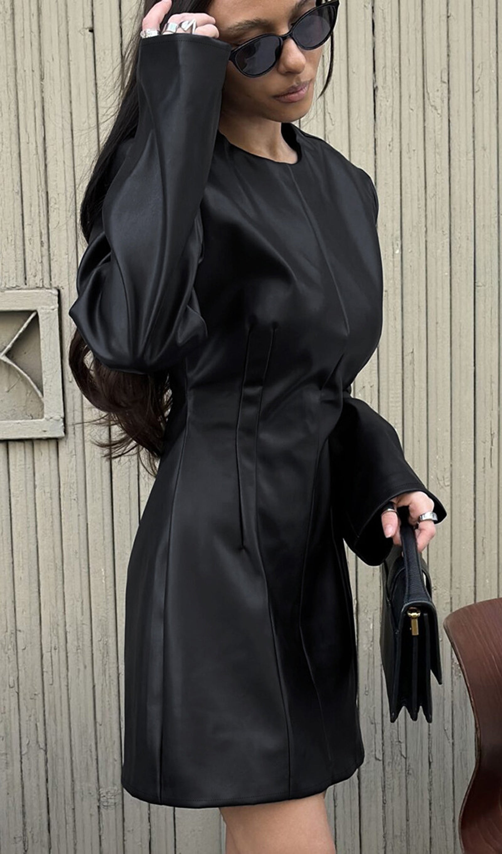 Round Neck Leather Mini Dress In Black