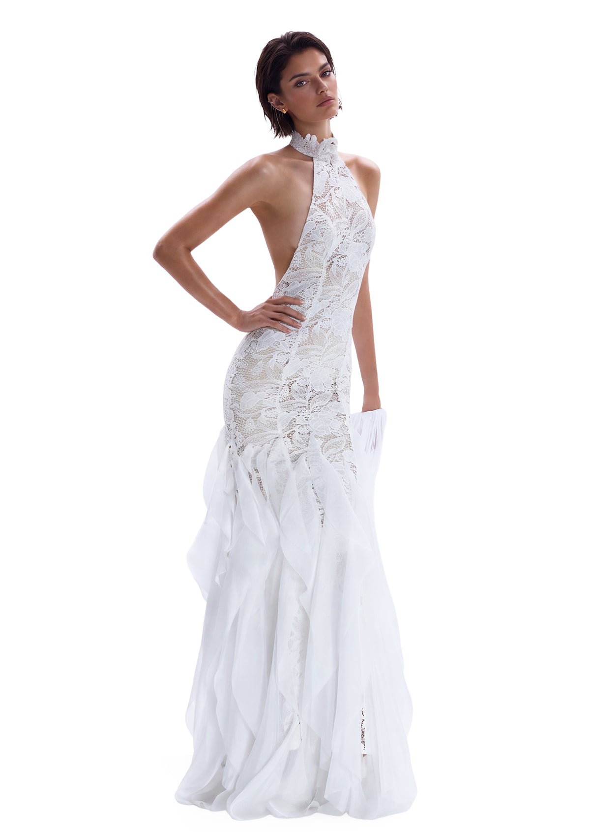 Zareen Halter Neck Ruffled Lace Maxi Dress