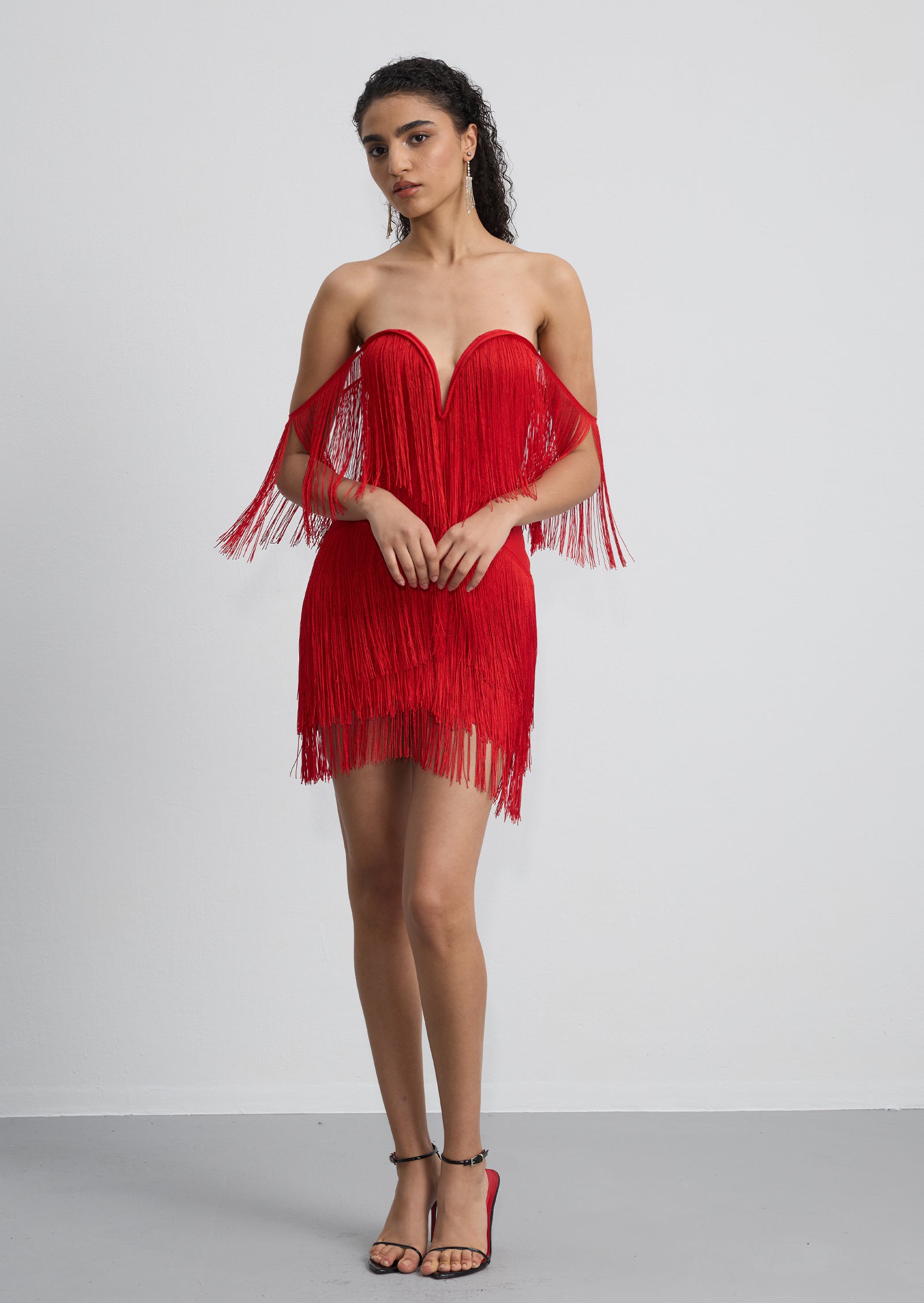 Off Shoulder Fringe Trim Mini Dress