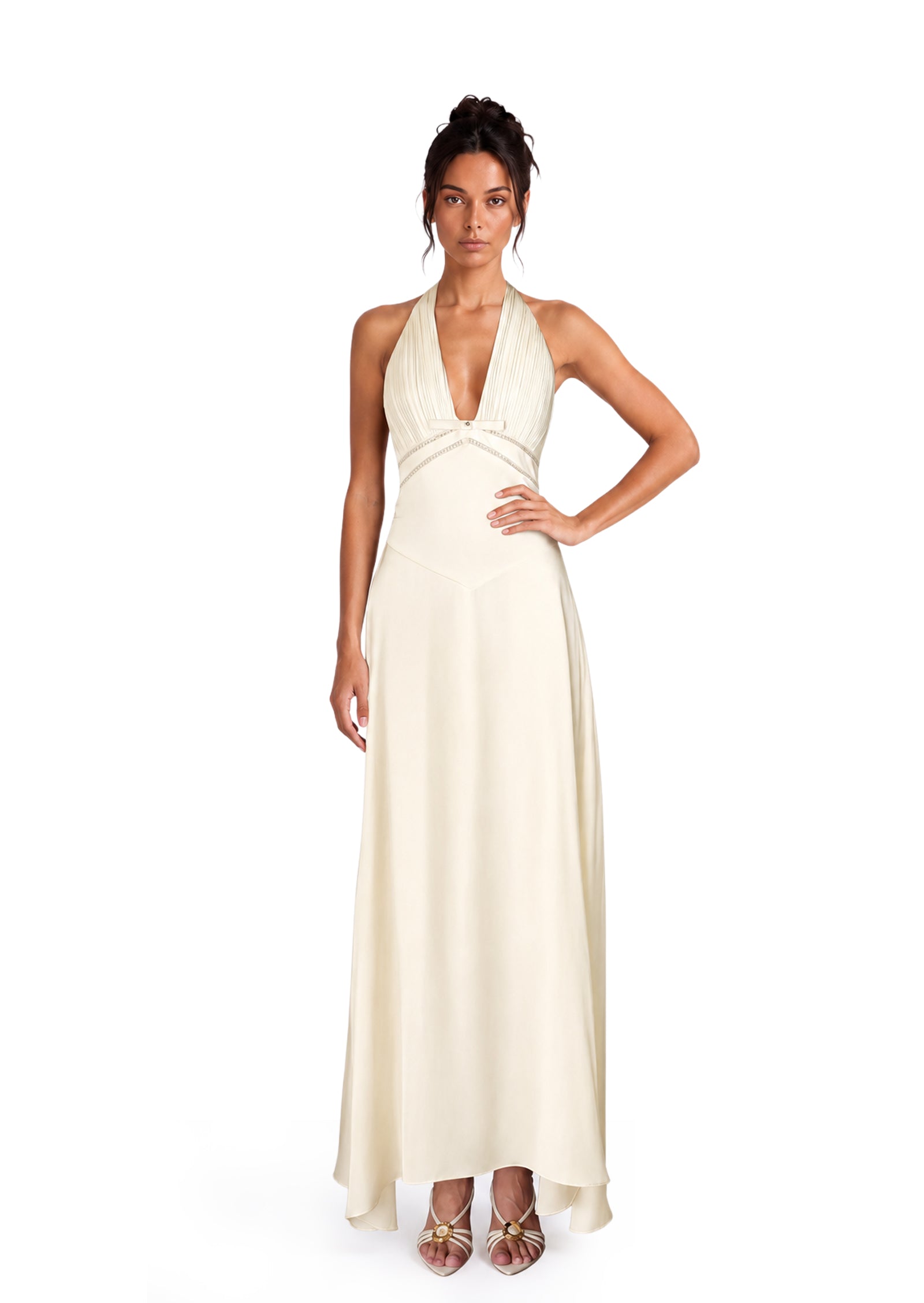 Bayou Halter Neck Deep V Satin Maxi Dress