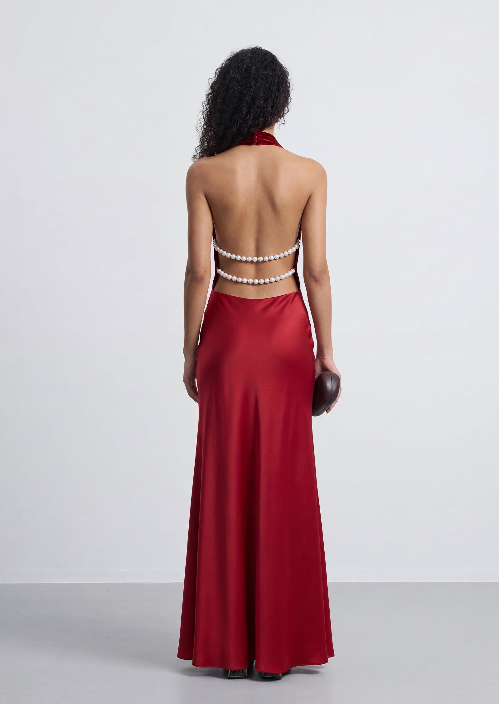 Satin Pearl Decor Maxi Dress In Red