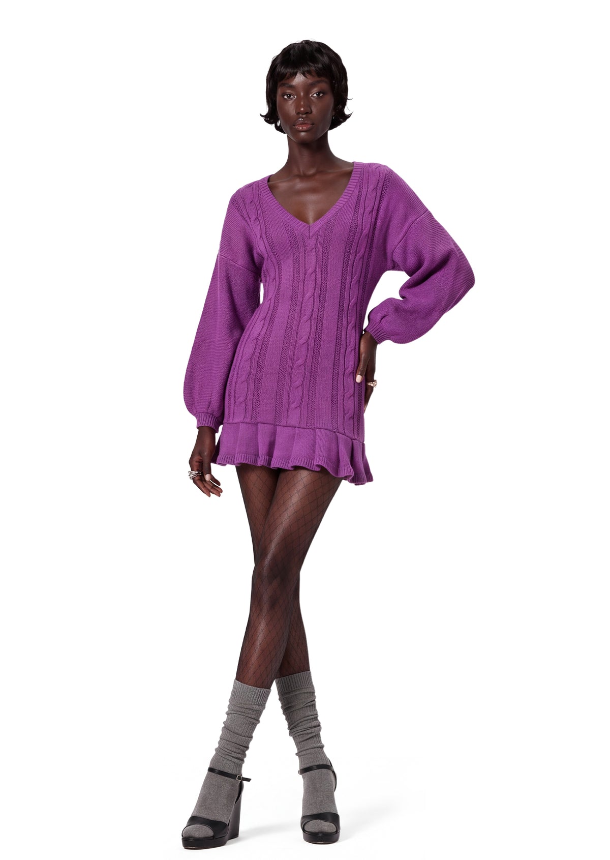 Xanti V Neck Knit Mini Dress In Purple