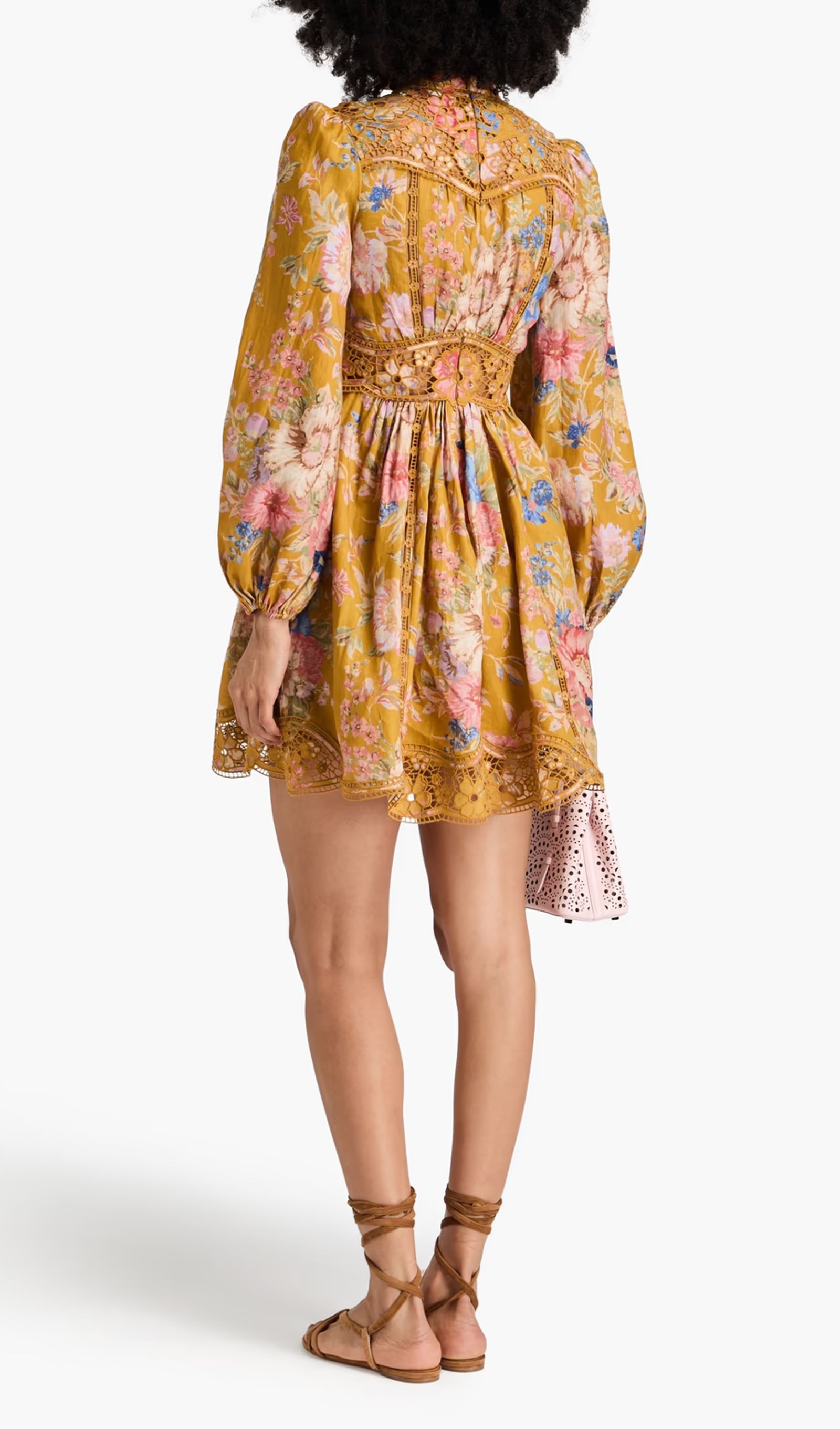 Lattice Trimmed Floral Print Linen Mini Dress
