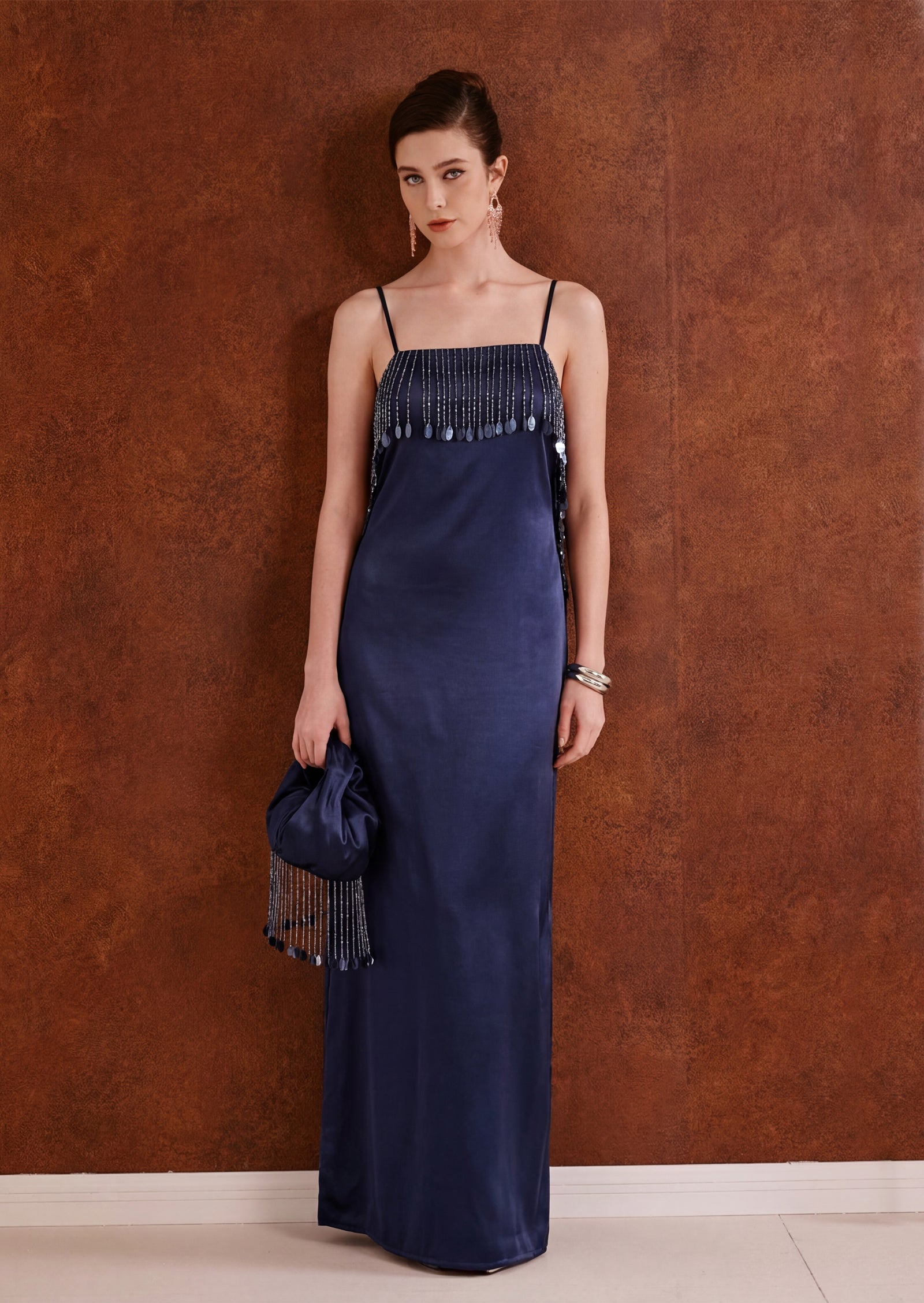 Emmeline Maxi Dress With Fringe In Navy