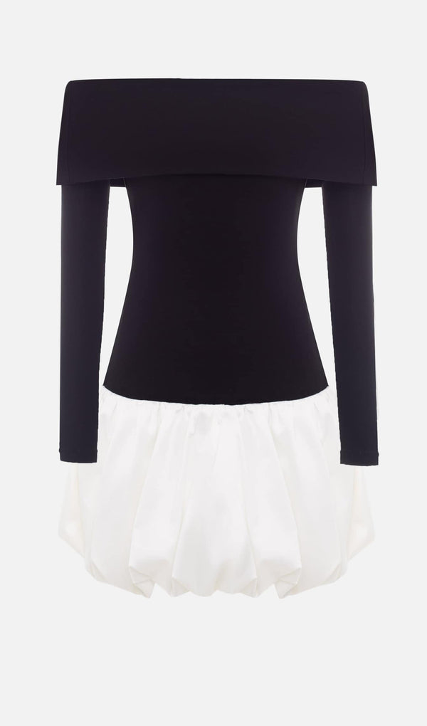 Open Shoulders Balloon Mini Dress-White