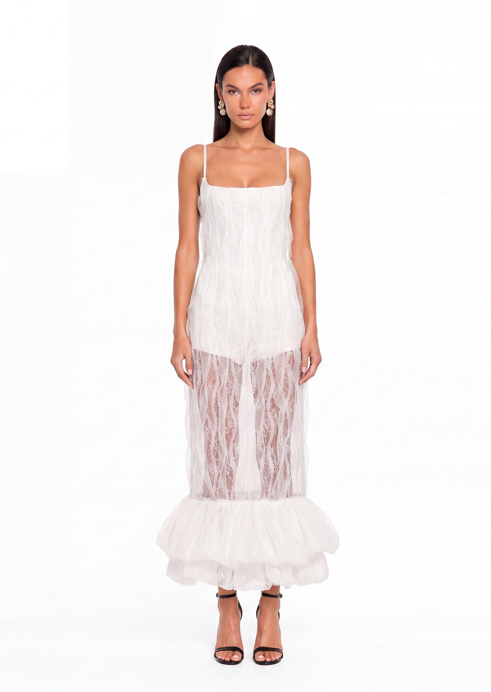 Adah Semi-Sheer Lace Dress In White