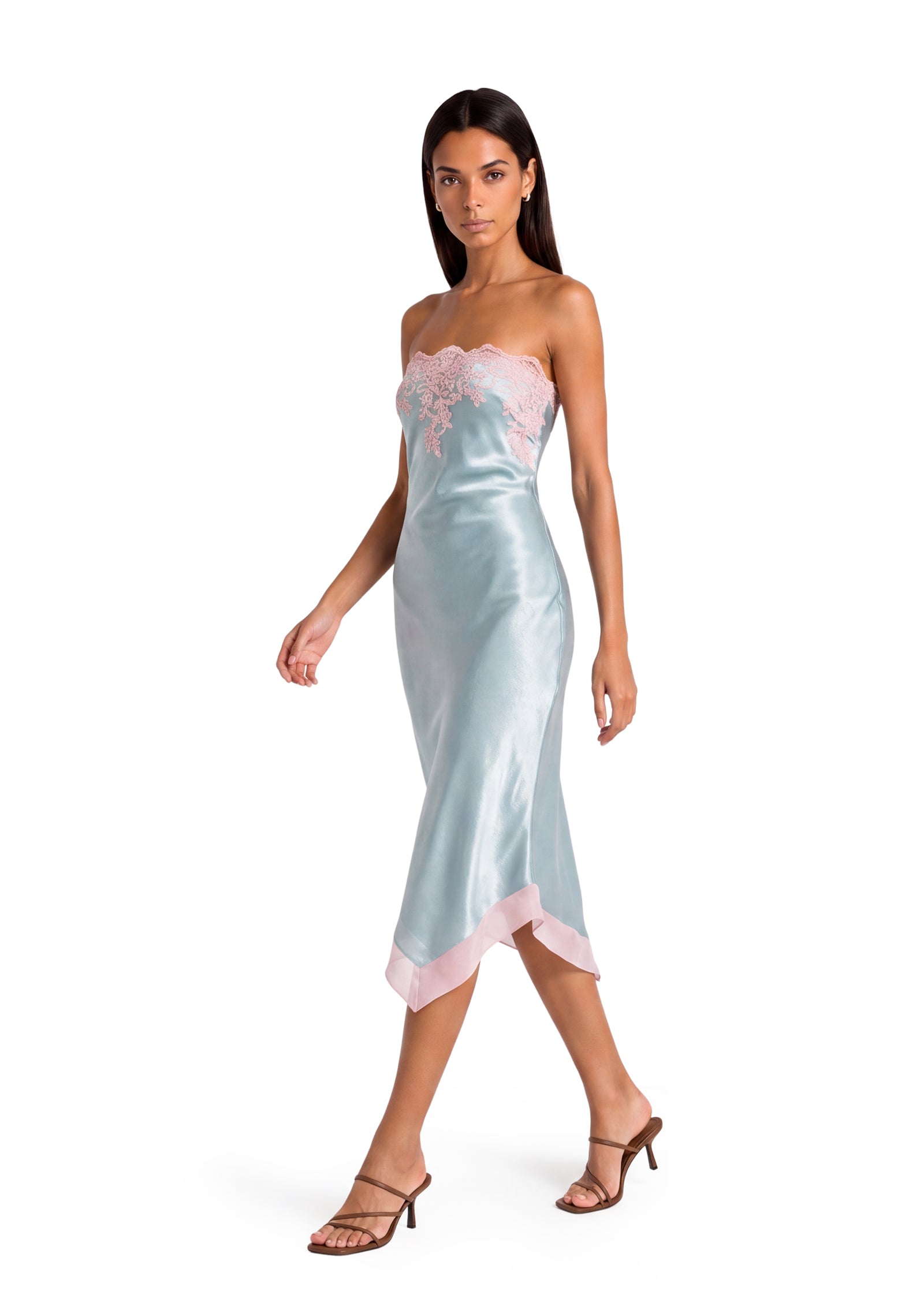 Deodat Lace Satin Strapless Midi Dress