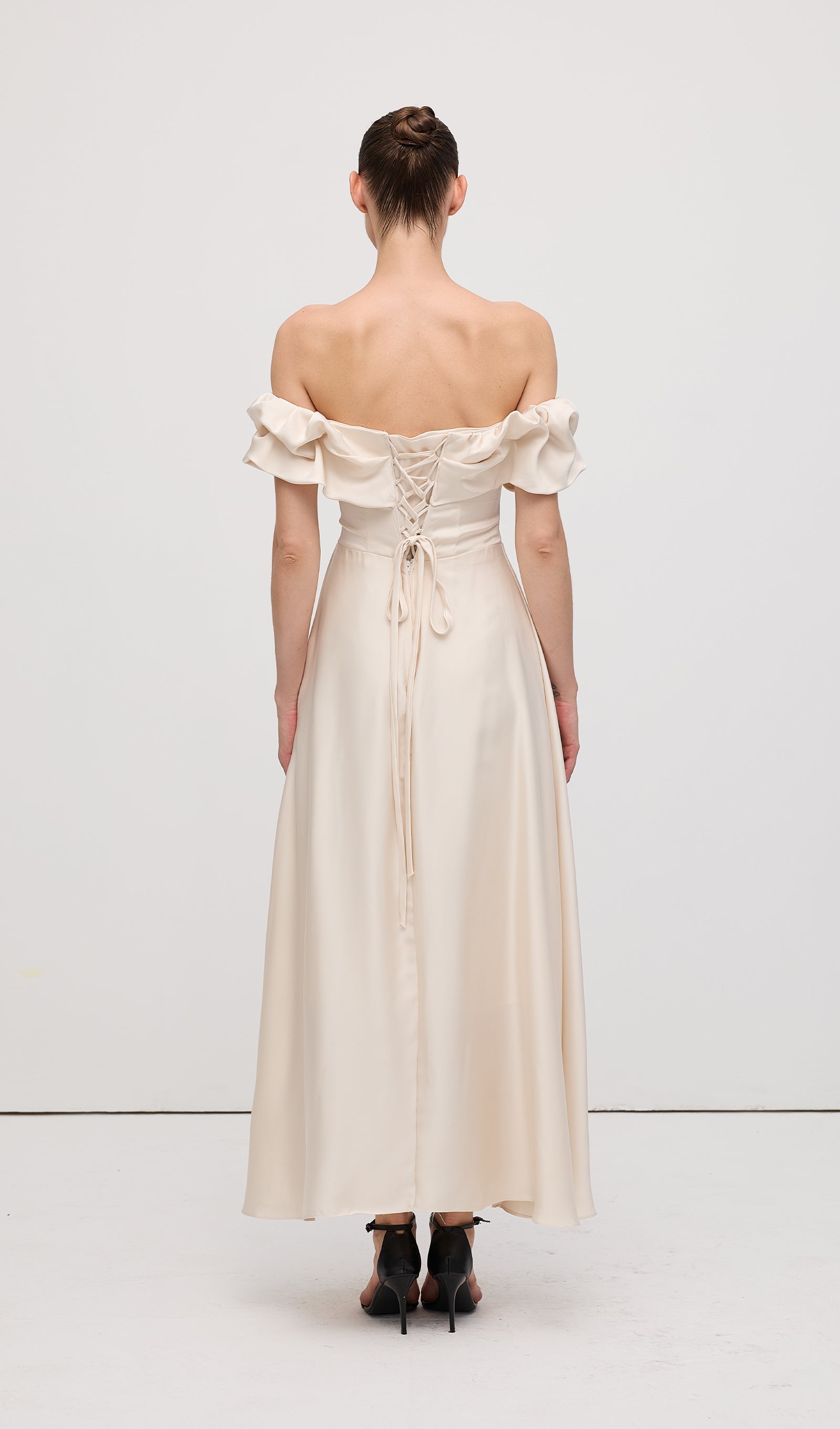 Off Shoulder Ruffle Satin Midi Dress