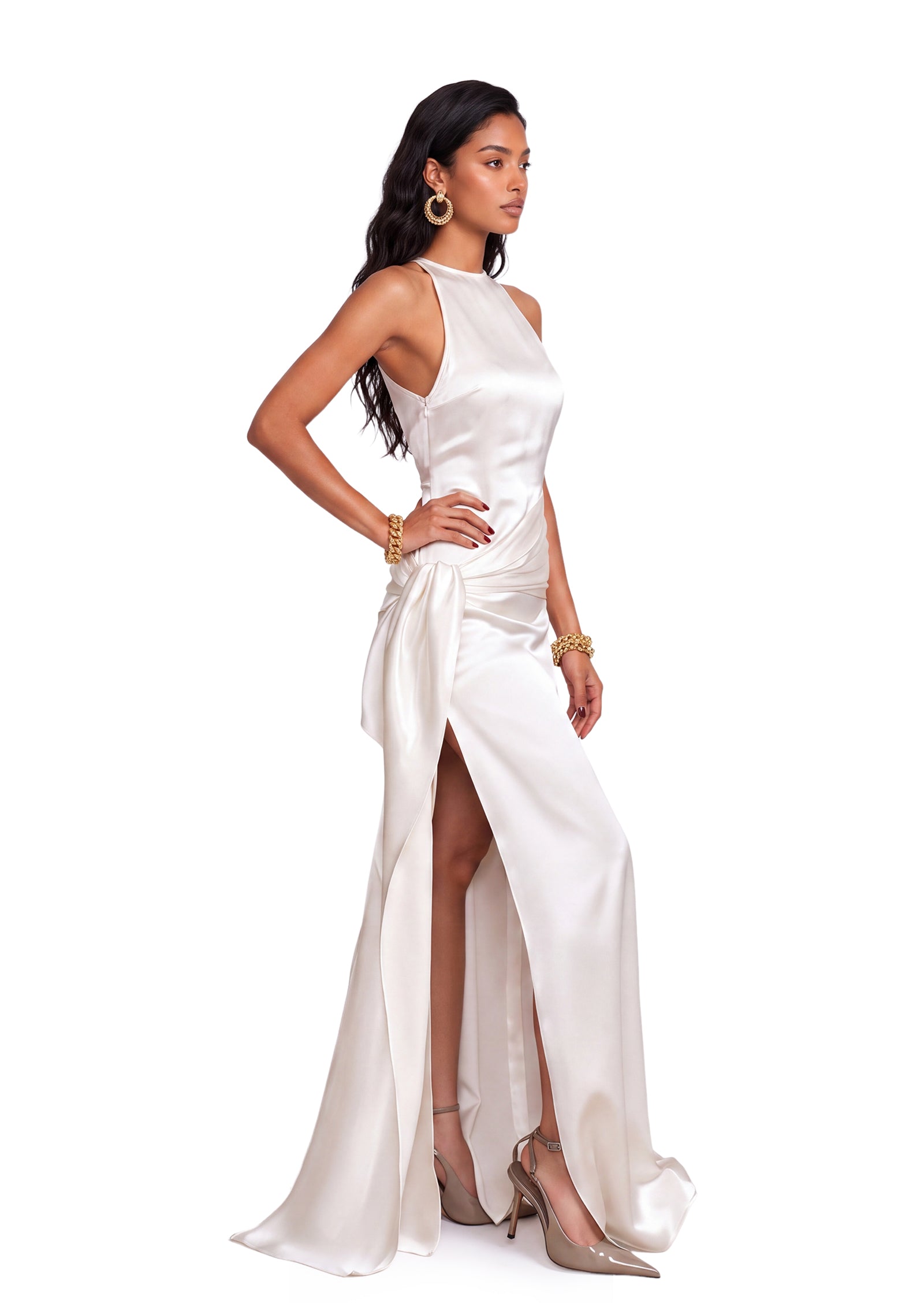 Walworth Satin Halter Neck Slit Maxi Dress