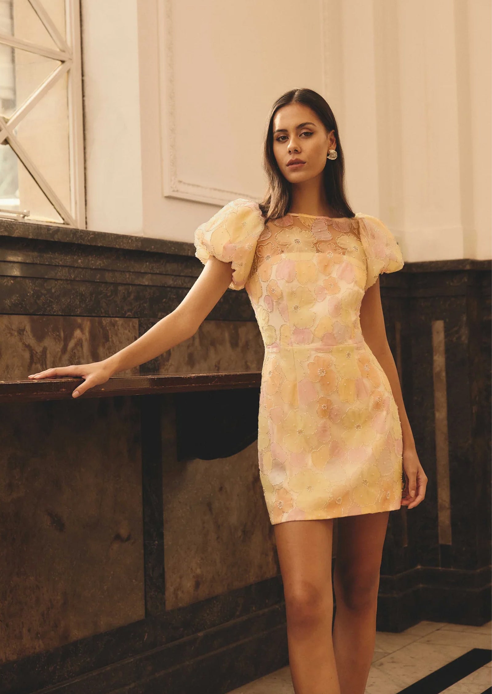 Zaria Floral Puff Sleeve Mini Dress In Yellow