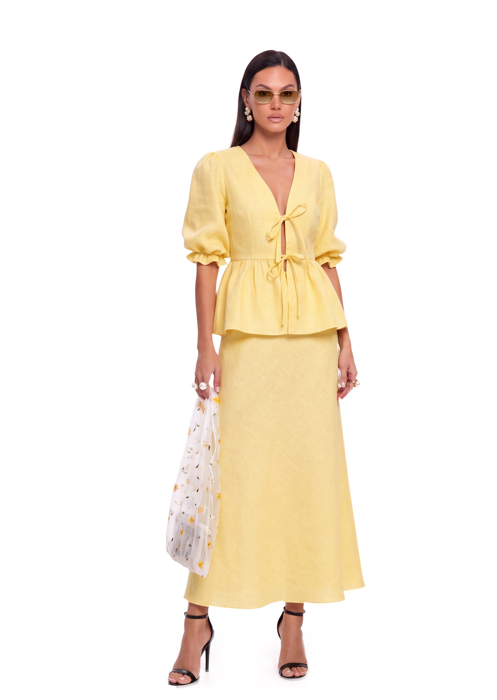 Midikleid in A-Linie mit Blumenmuster und Laternenärmeln