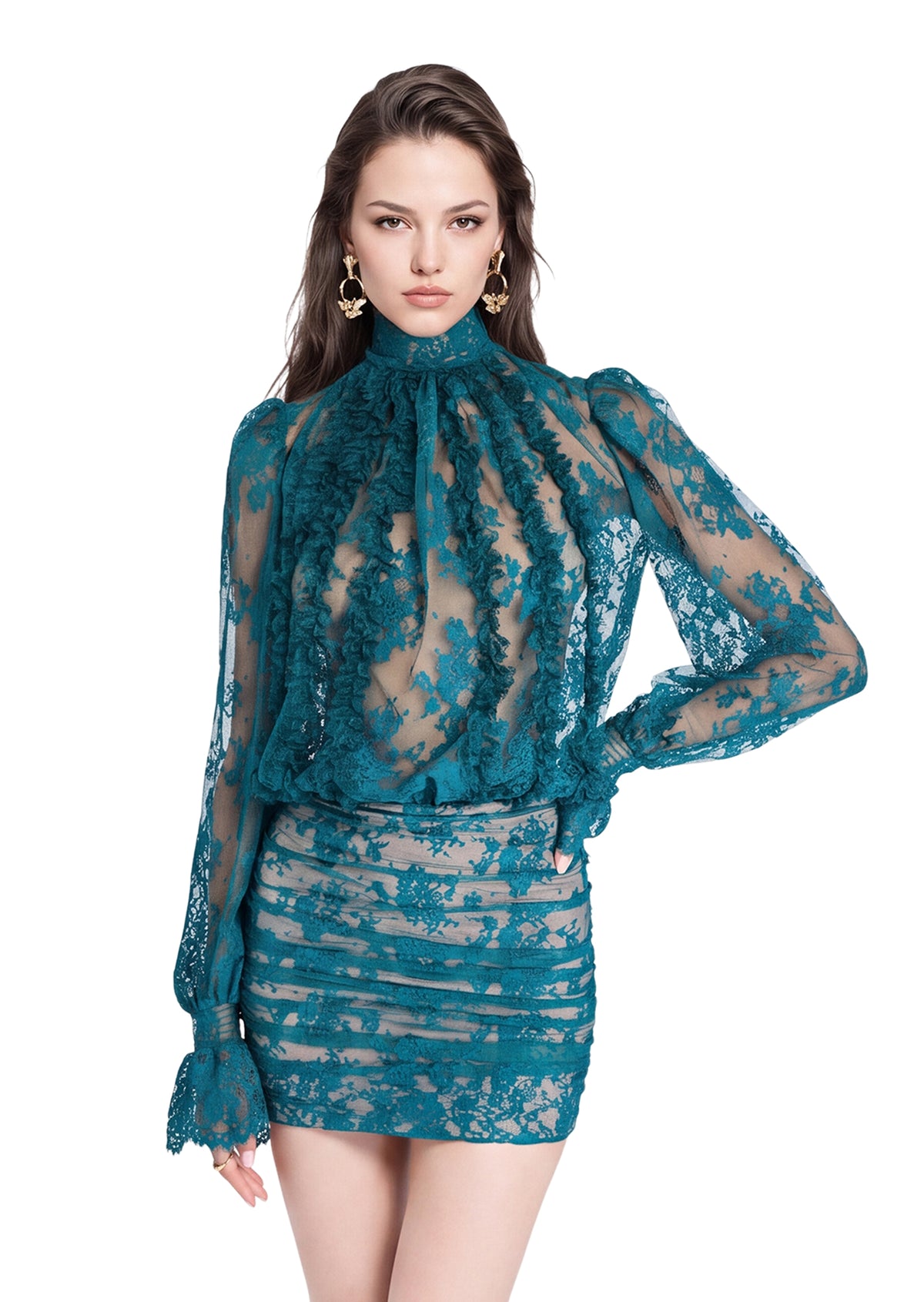 Midikleid in A-Linie mit Blumenmuster und Laternenärmeln