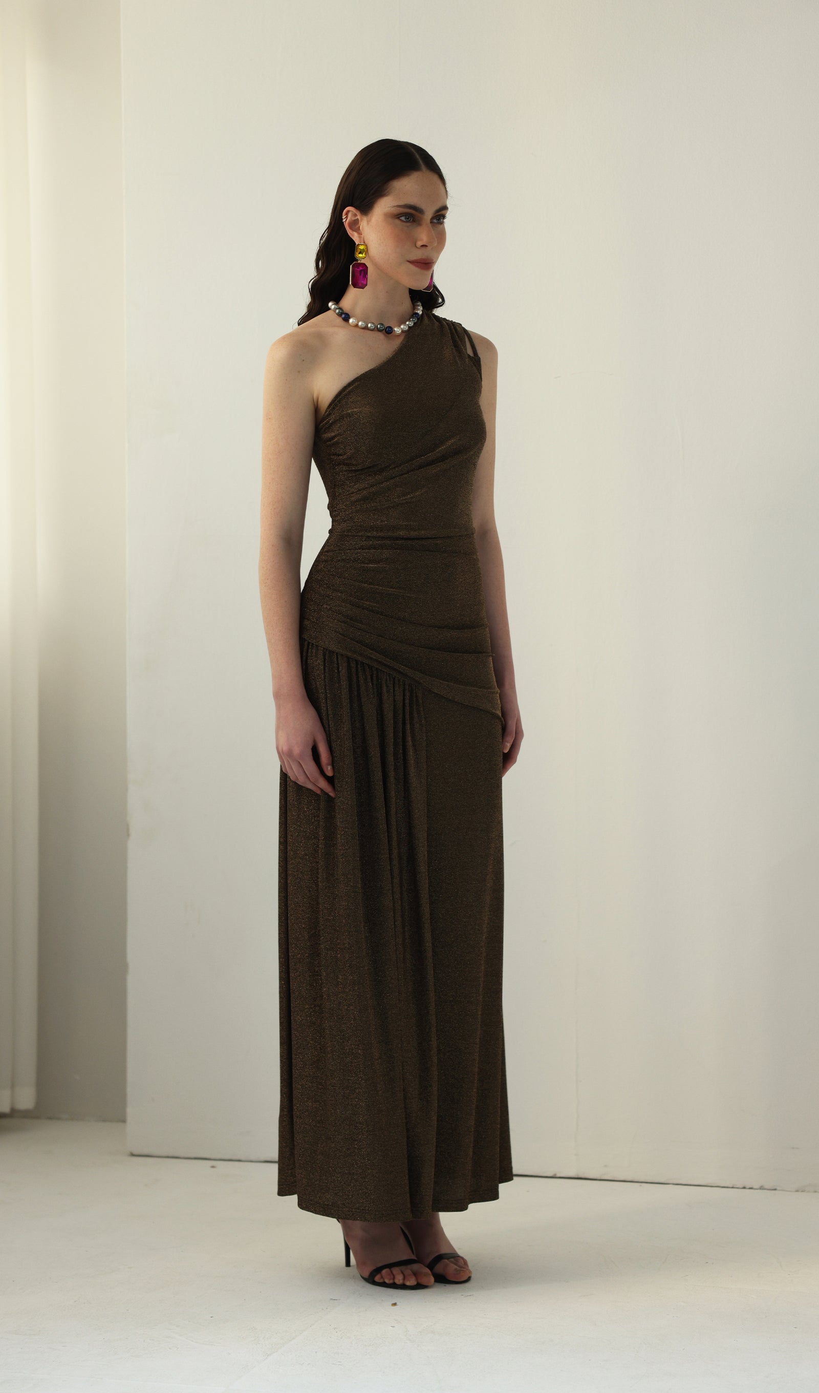 One-Shoulder Glitter Split Maxi Dress