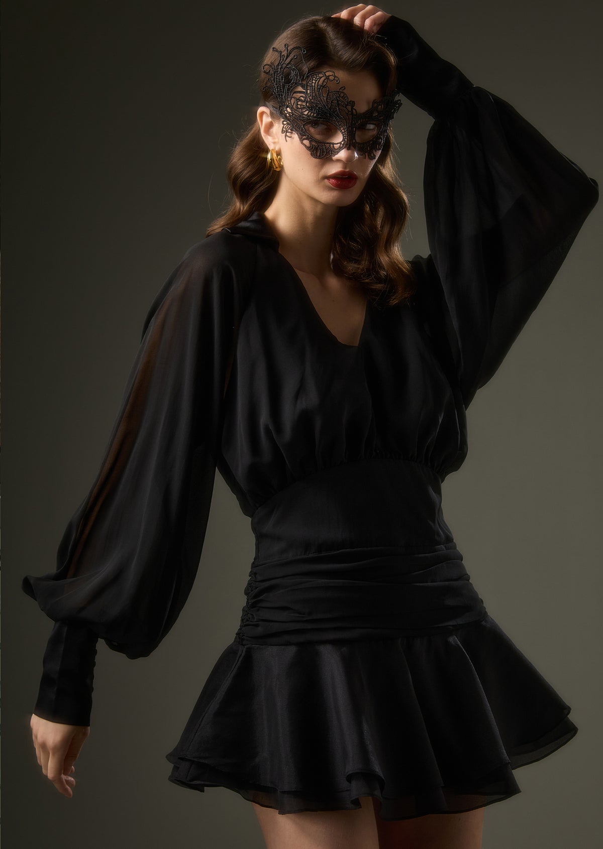 Solid Lantern Sleeve Mini Dress In Black