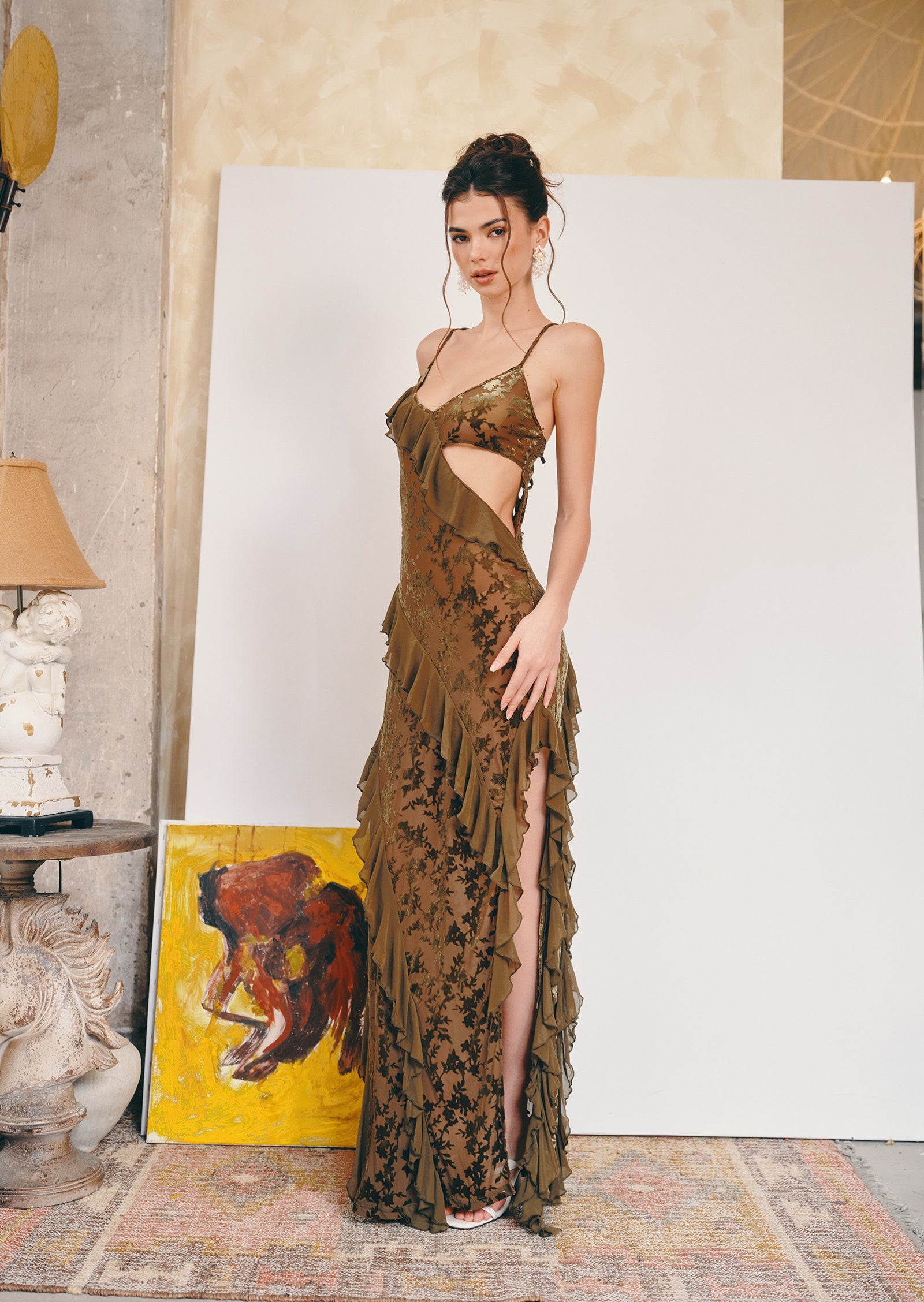 Midikleid in A-Linie mit Blumenmuster und Laternenärmeln