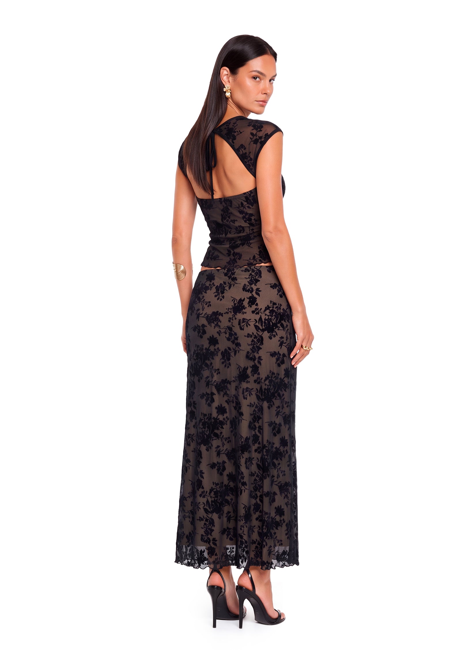 Bacca Lace Top And Midi Skirt Set In Black