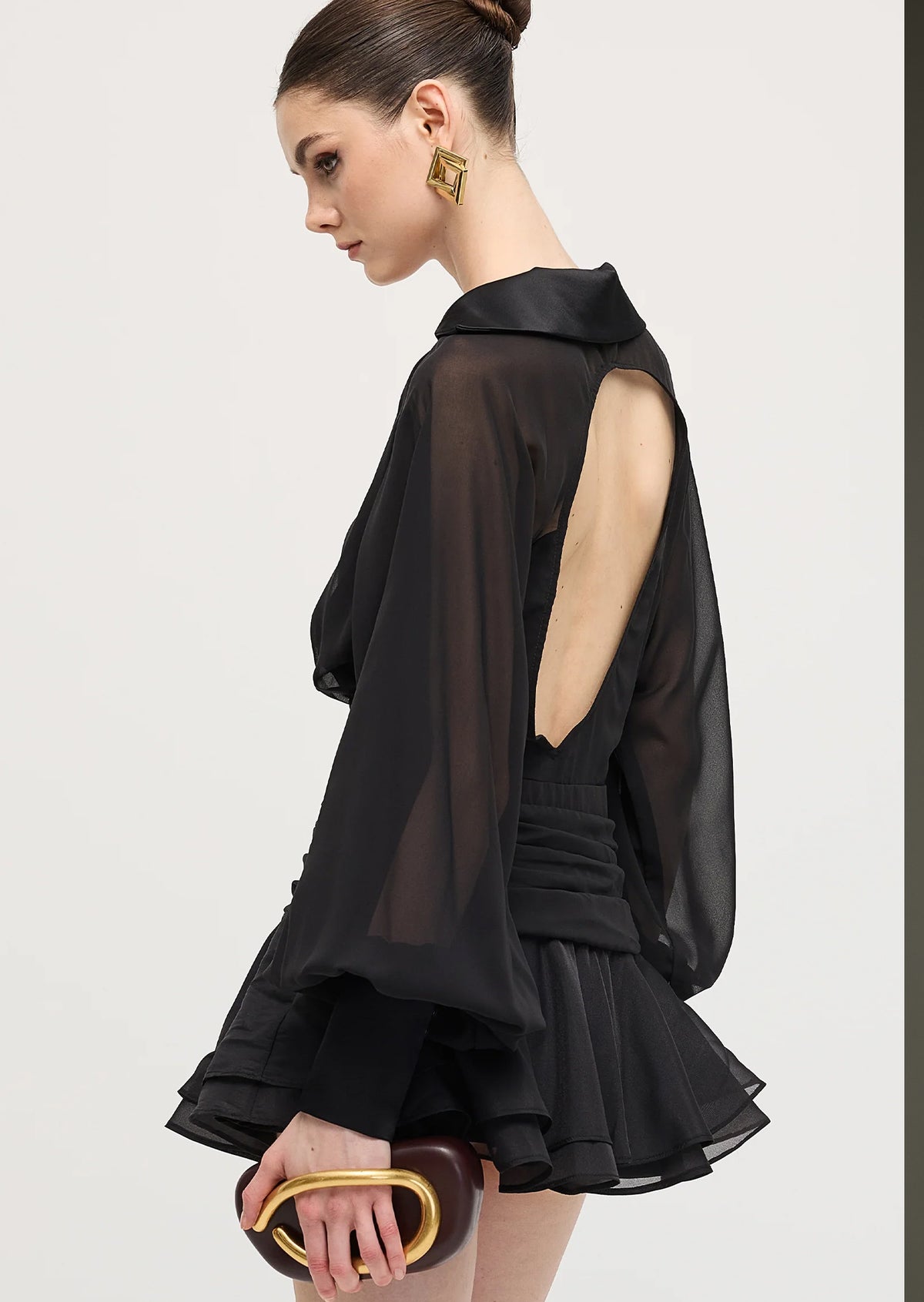 Solid Lantern Sleeve Mini Dress In Black