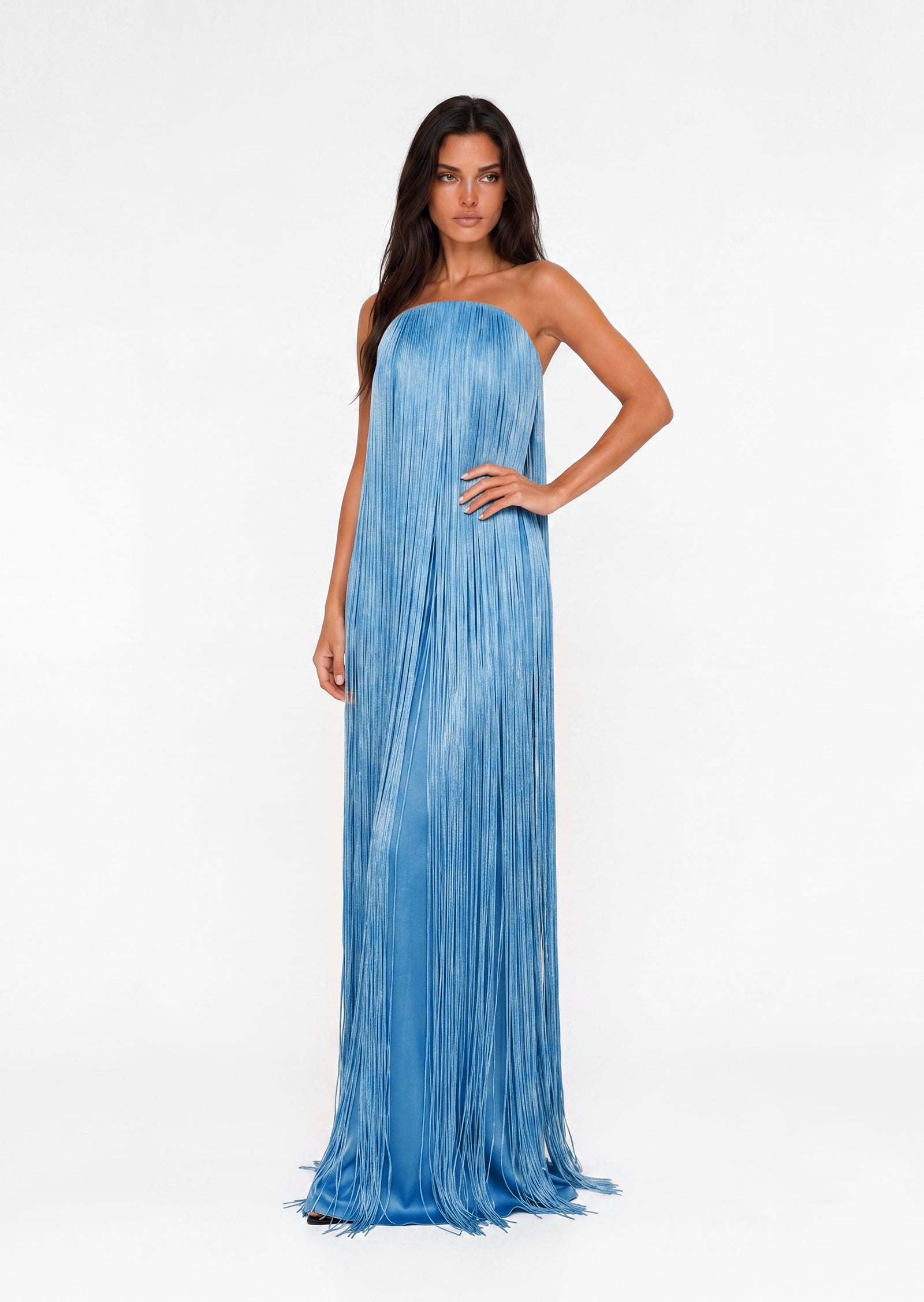 Maely Tassel Strapless Maxi Dress In Blue