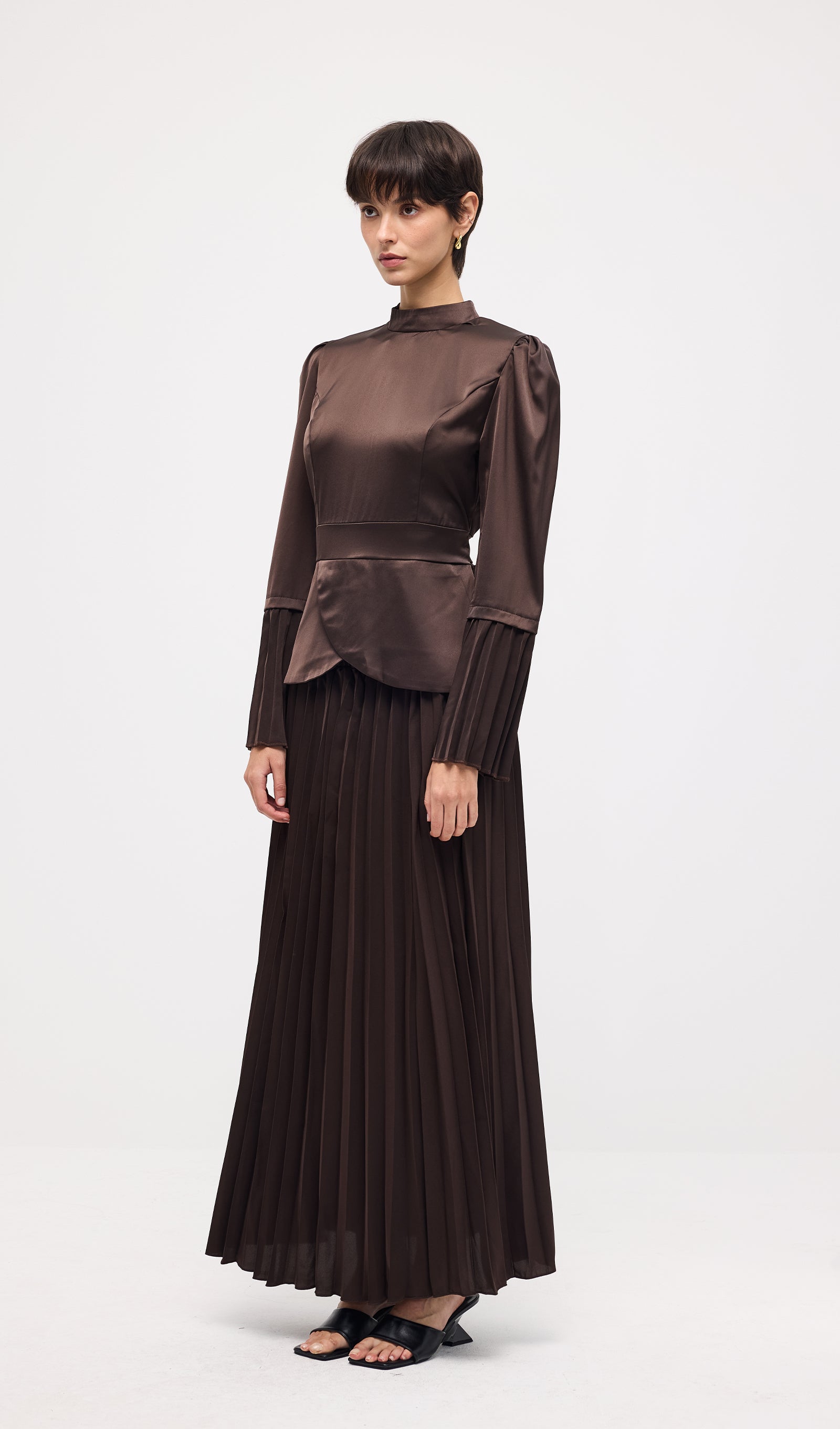 Solid Pleated Peplum Two Piece Set Maxi Skirt