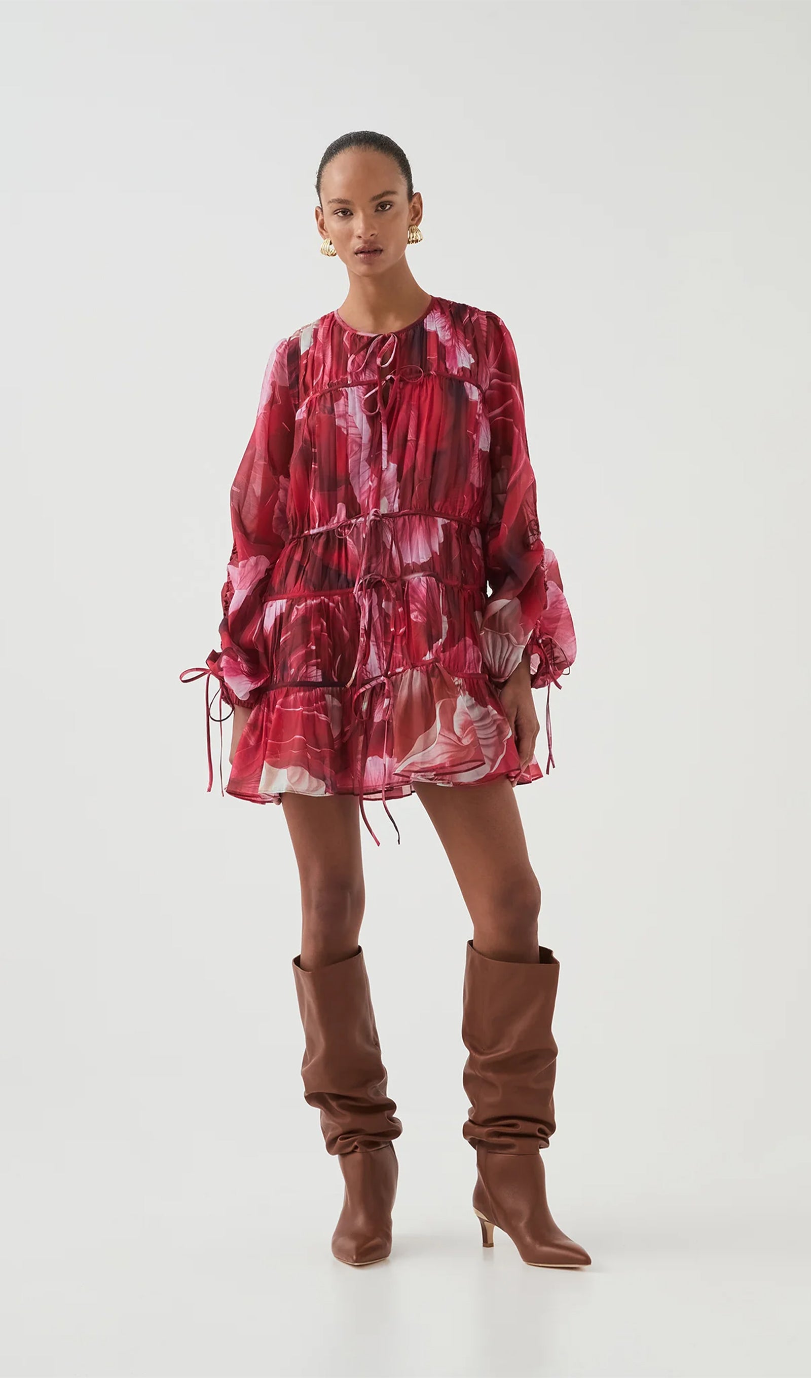 Midikleid in A-Linie mit Blumenmuster und Laternenärmeln