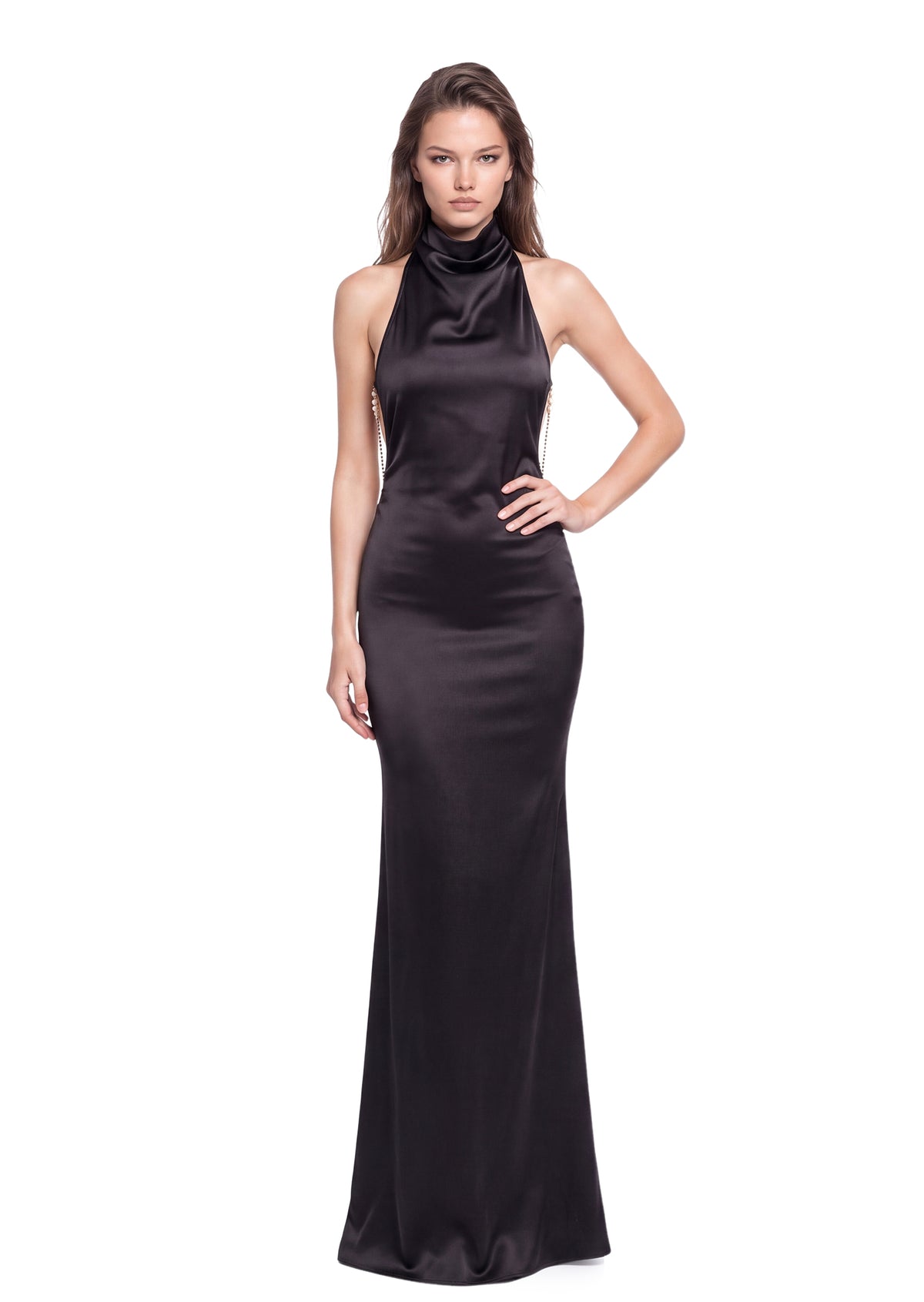 Badar Satin Halter Neck Maxi Dress In Black