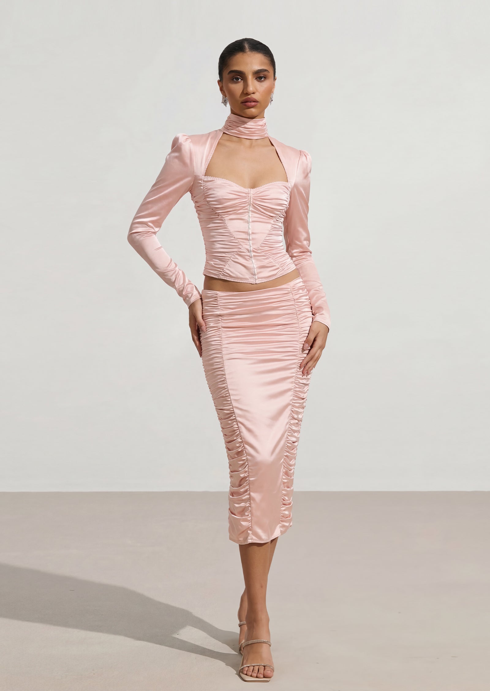 Avital Spandex Corset & Midi Skirt Set In Pink
