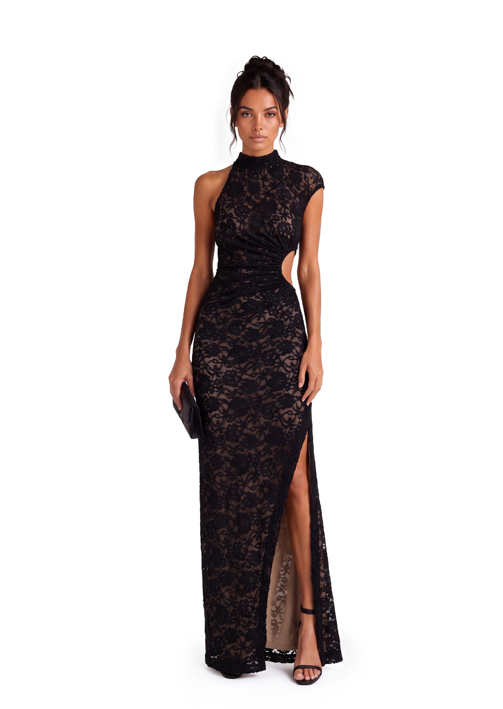 Kahnay  Stand Up Collar Lace Maxi Dress In Black