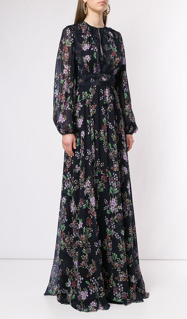 Lace Floral Fit and Flare Maxi Dress Black