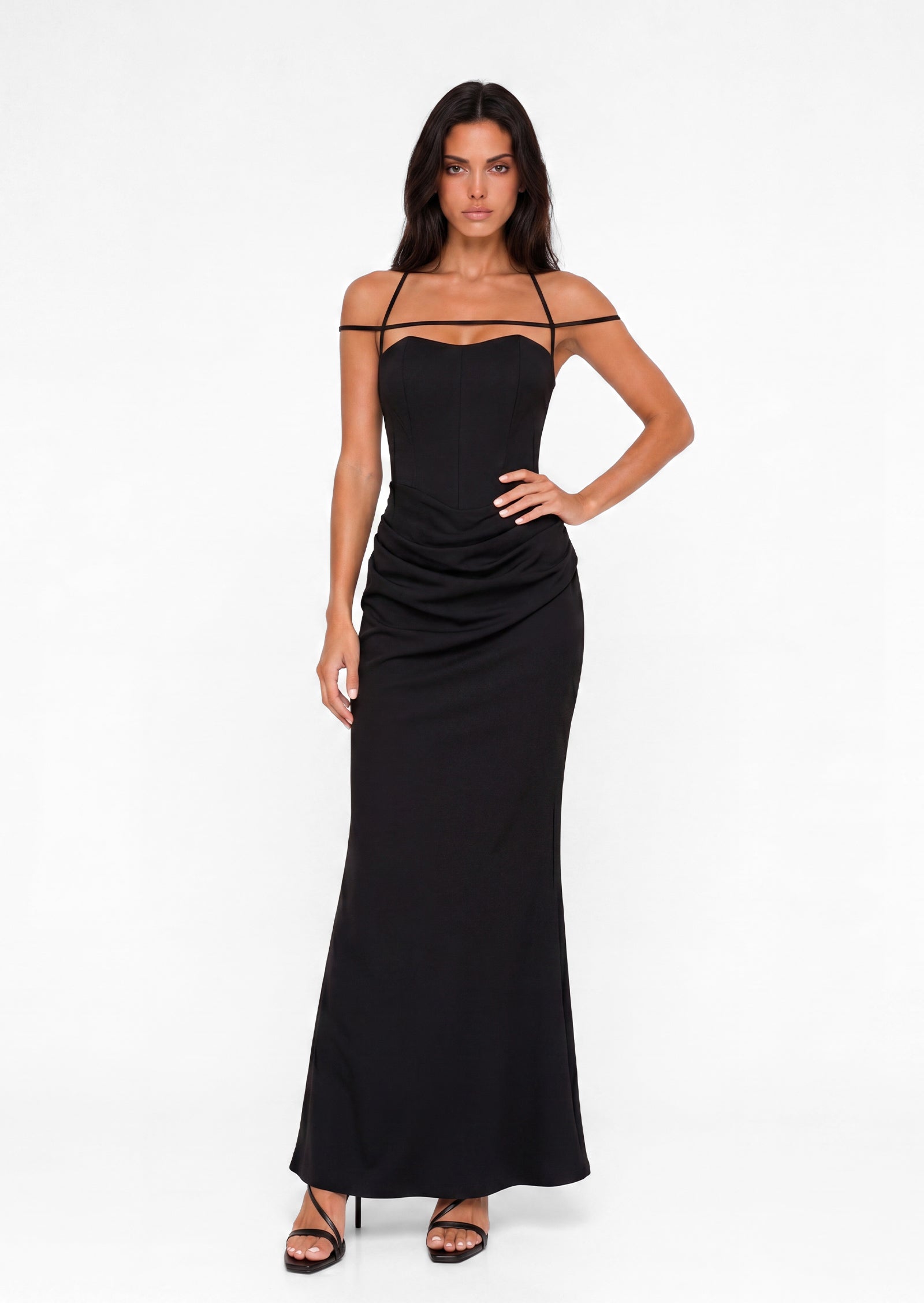 Abilene Off Shoulder Satin Maxi Dress In Black