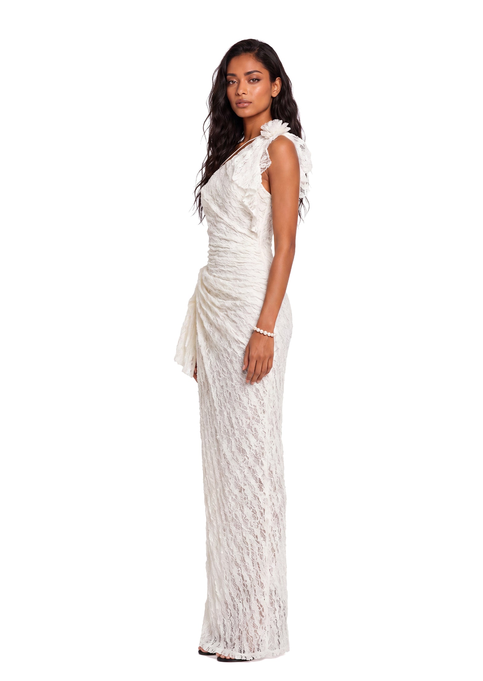 Wade One Shoulder Lace Maxi Dress In White