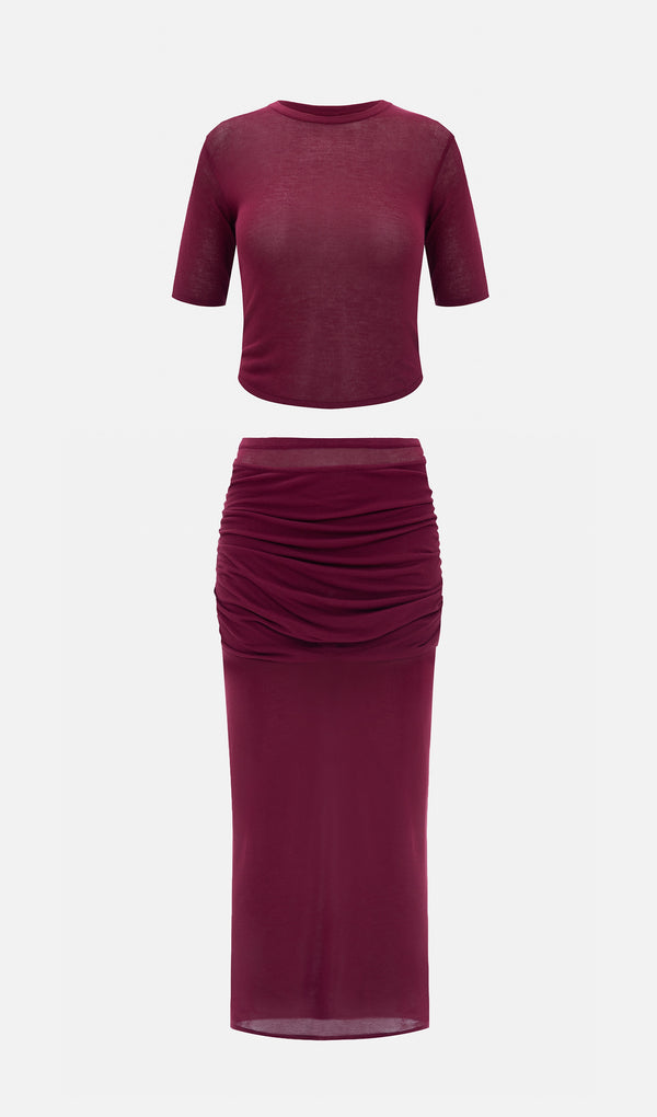 Short Sleeved Jersey Midi Skirt Sets In Claret