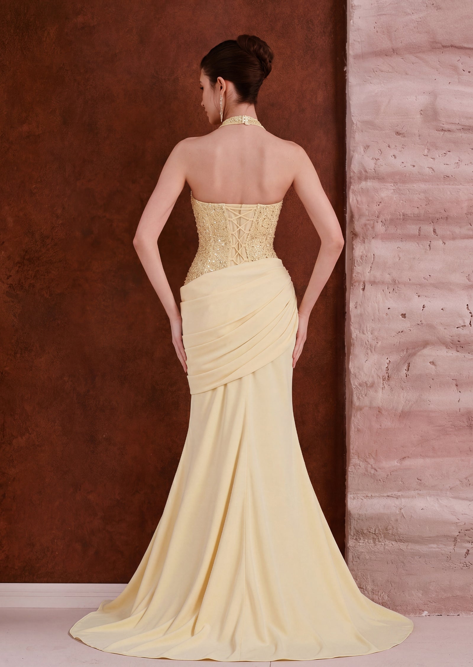 Estrela Halter Mermaid Maxi Dress With Train In Lemon