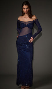 Diamante Off Shoulder Maxi Dress In Navy
