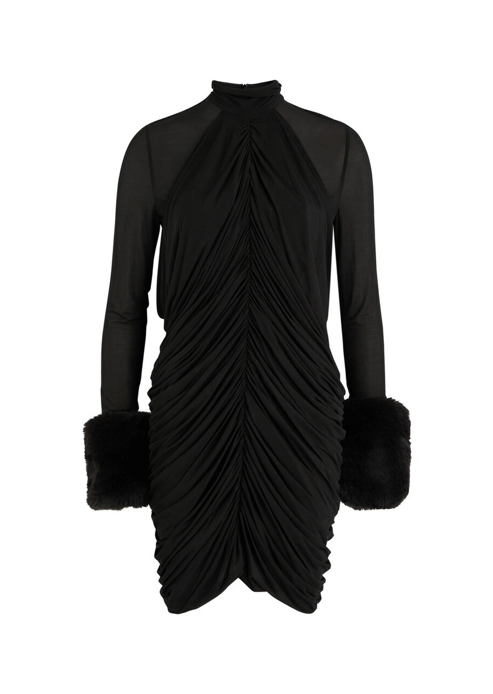 Draped Faux Fur-trimmed Mesh Mini Dress